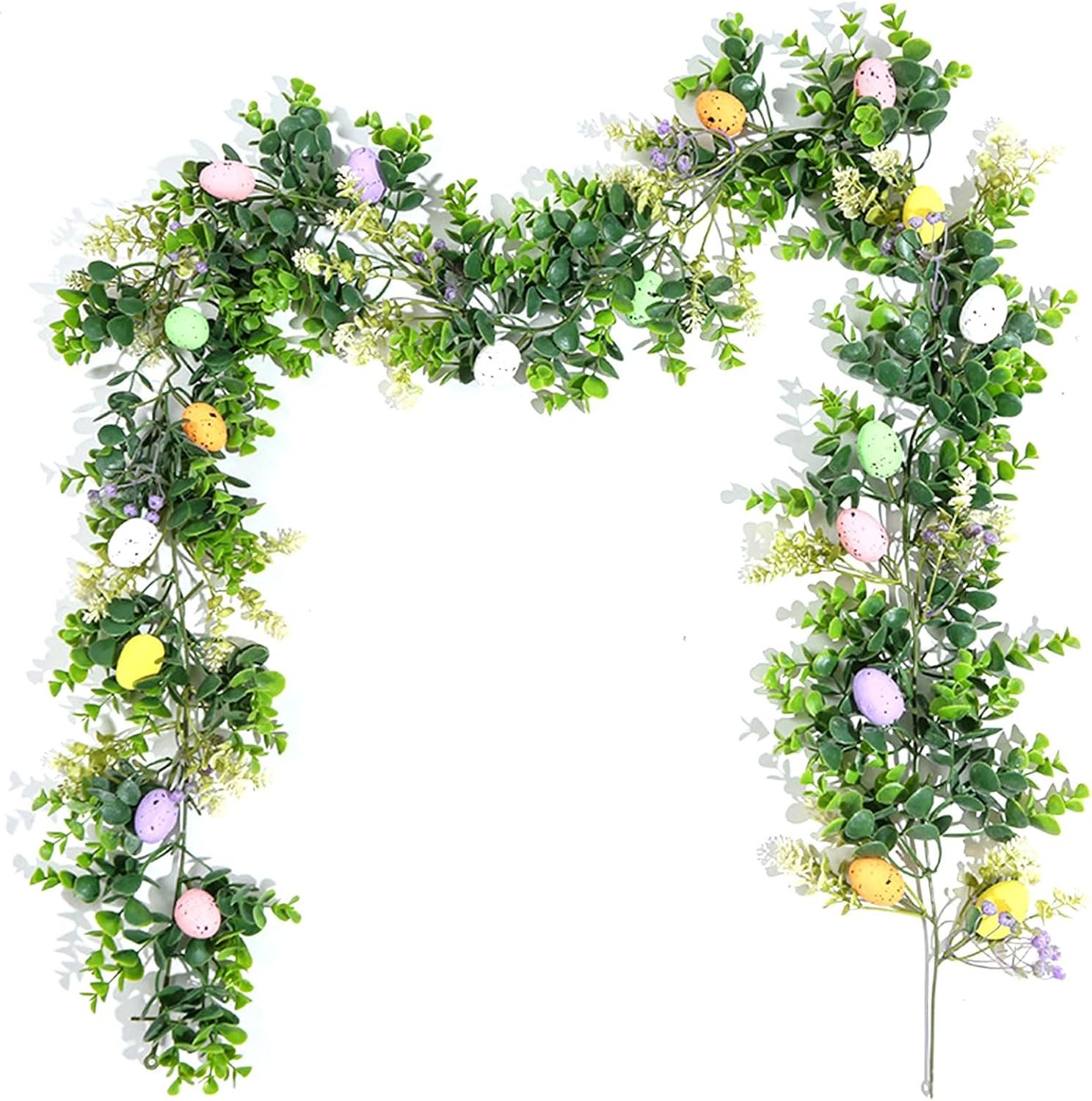6FT Easter Garland with Muticolor Eggs and Greenery Leaves-Farmhouse Artificial Spring Vine Centerpiece Decoration,Hanging Decor for Mantle Banisters Fireplace, Indoor Outdoor Easter Home
