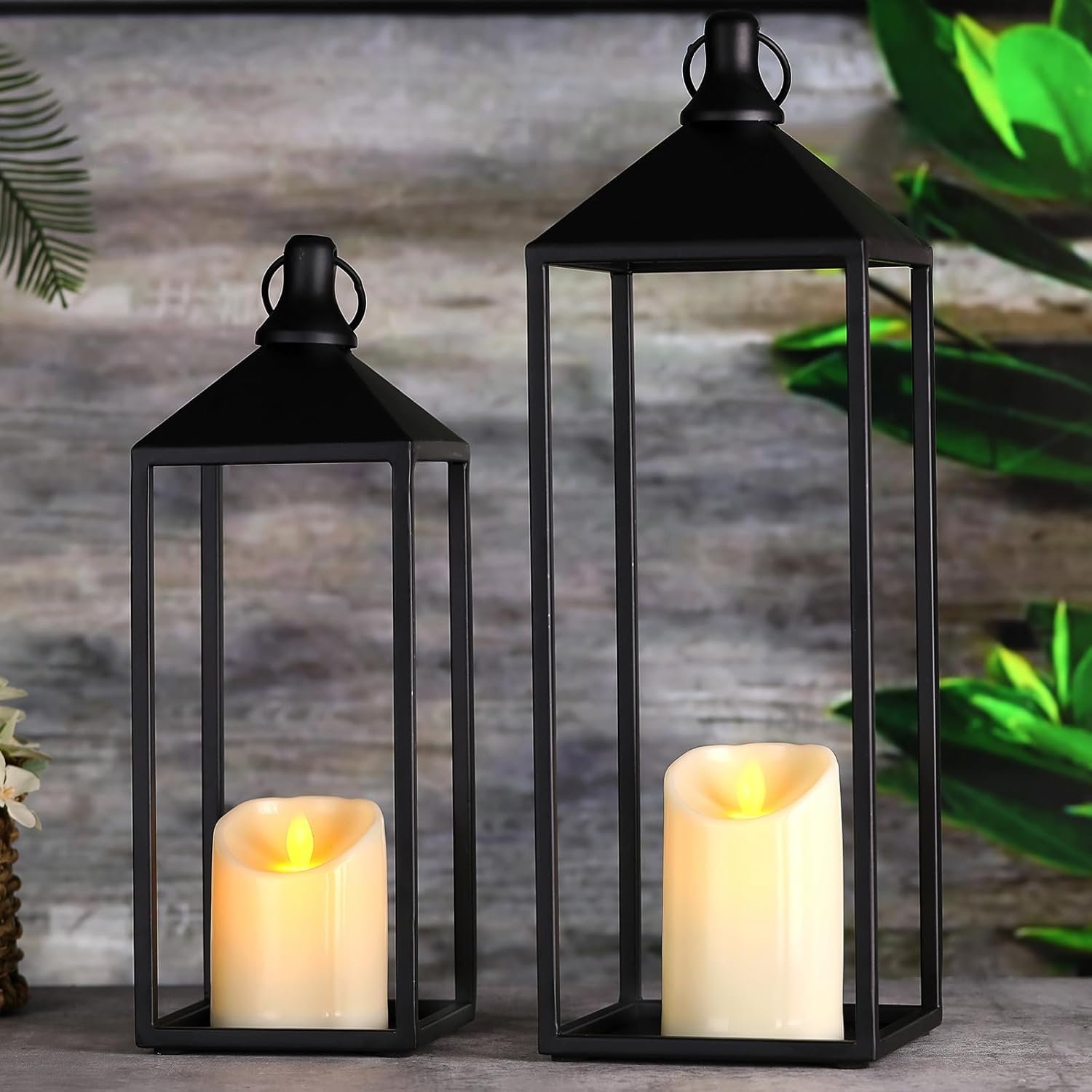 MATAHUM Modern Farmhouse Lanterns Decorative Outdoor Indoor, 17″ 13″ Set of 2 Black Vintage Lantern with Flameless Candles, Metal Rustic Lantern Decor for Room, Porch, Patio, Mantle, Home Decor