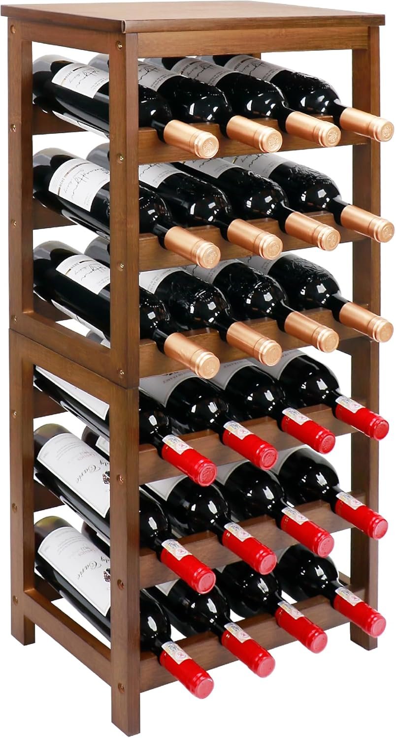 Wine Rack Free Standing Floor, 6-Tier 24 Bottles Display Wine Storage Shelves with Table Top, Easy-Assembly Freestanding Bamboo Wine Racks for Kitchen Dining Room Bar, Walnut