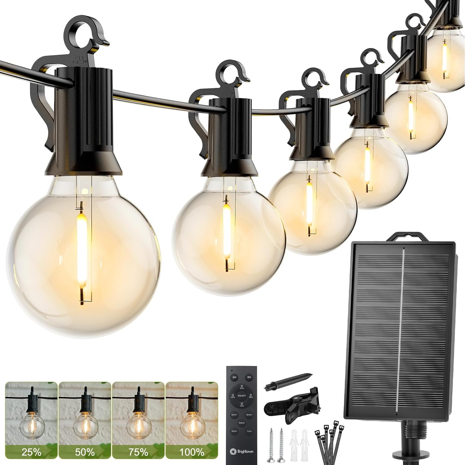 Brightown 58FT Solar String Lights Outdoor with Remote Cable Ties Hooks, 17 LED Shatterproof Bulbs, 3 Light Modes, Dimmer & Timer, Commercial Grade Patio Lights for Yard Balcony Pergola Party Decor