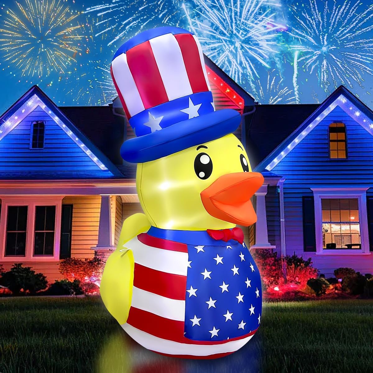5FT Patriotic Independence Day 4th of July Inflatable Duck Decorations Outdoor Decor with Built-in LED Lights Blow Up Yard Decoration for Holiday Patriotic Party
