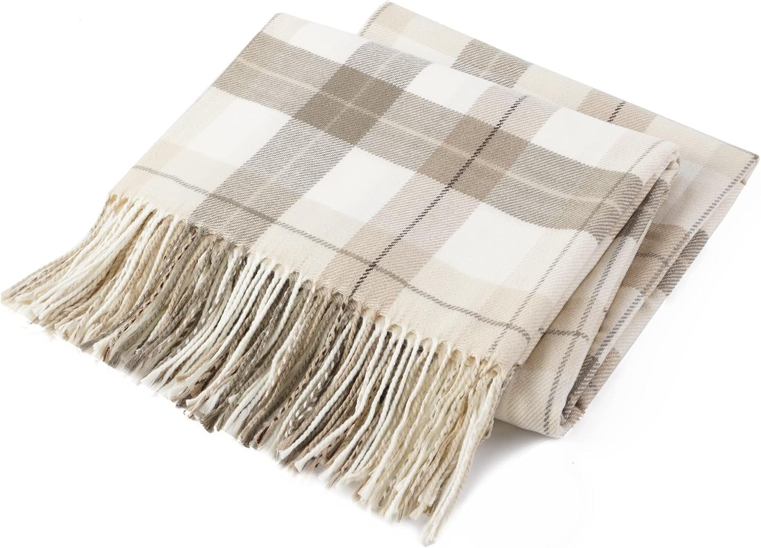 BATTILO HOME Fall Plaid Throw Blanket for Couch, Farmhouse Checkered Decor Throw, Lightweight Beige Throw Blankets for Bed Sofa Neutral Fall Decor, 49″x63″