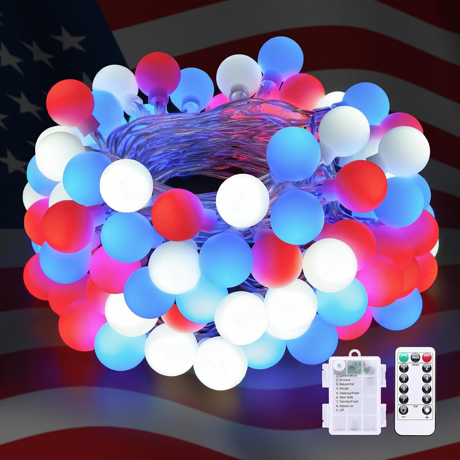 QITONG Red White and Blue Battery Operated Lights, 33ft 100 LED 4th of July Light with Remote, Clear Wire Globe String Lights Indoor Outdoor for Patriotic Independence Memorial Day Decor