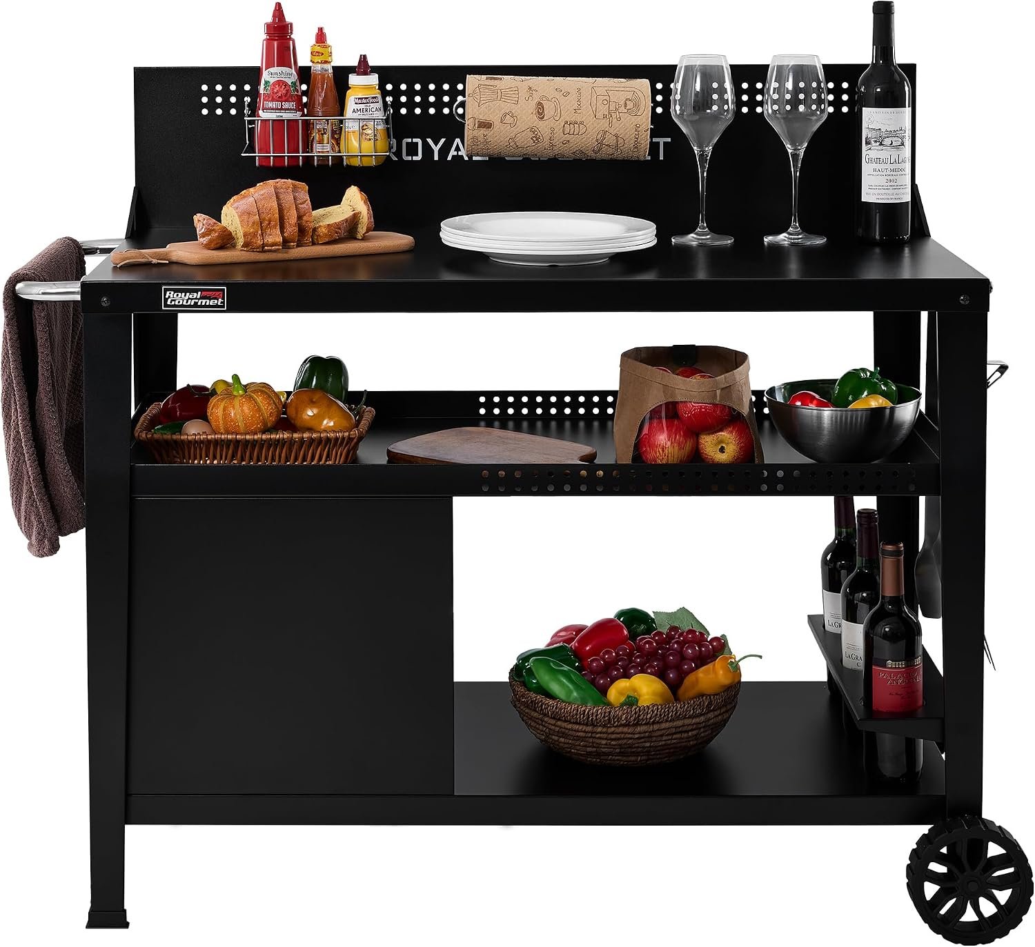 Royal Gourmet PC4401B 3-Tier Dining Cart with Wind Guard, Sturdy Structure and Ample Storage Shelves, for Indoor & Outdoor use，with Bottle Opener, Hooks, Wine Rack, Multifunctional Side Handle, Black