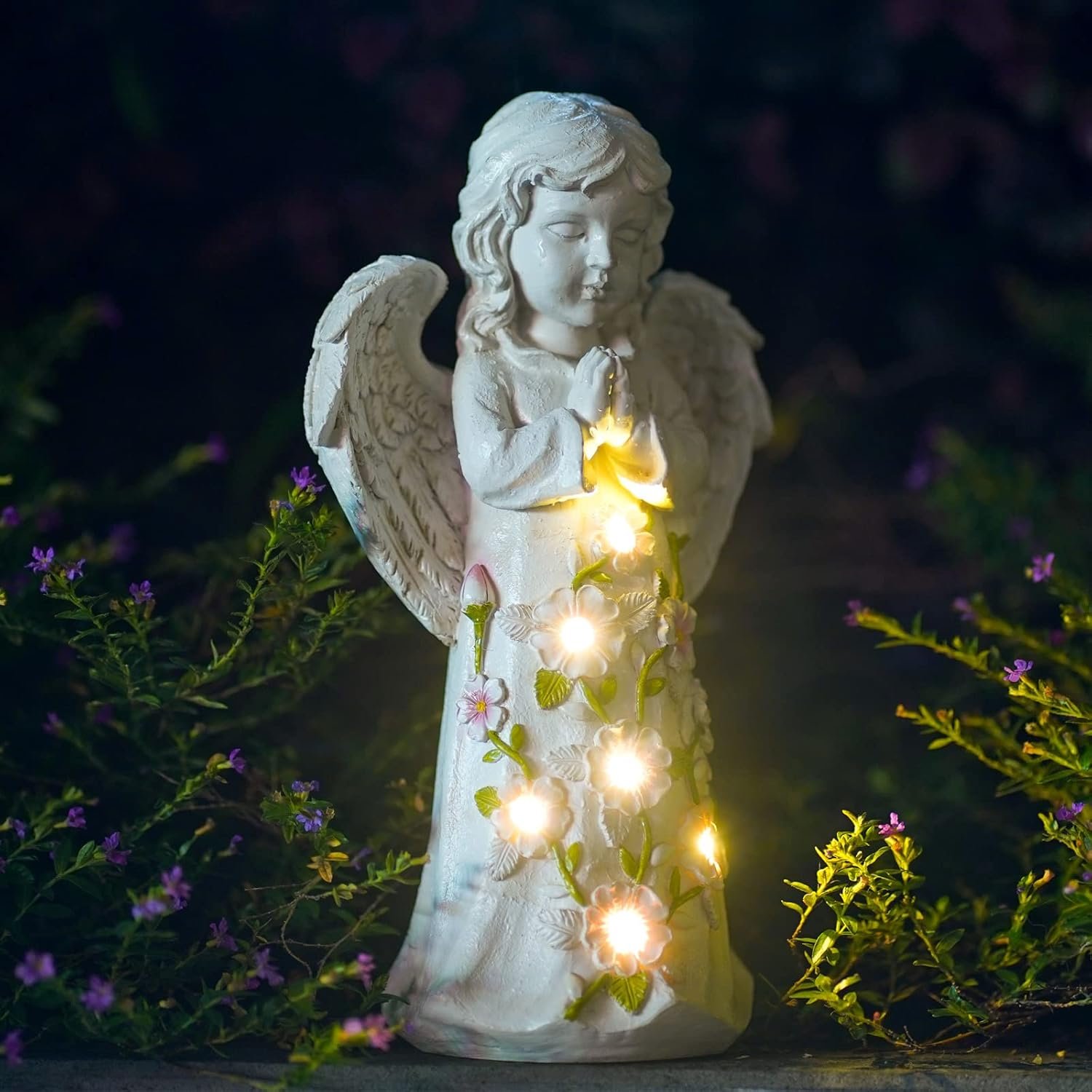 Nacome Garden Outdoor Statues Angel with Succulent and 7 LED Lights – Lawn Decor for Patio, Balcony, Yard Ornament for Mom Grandma Women
