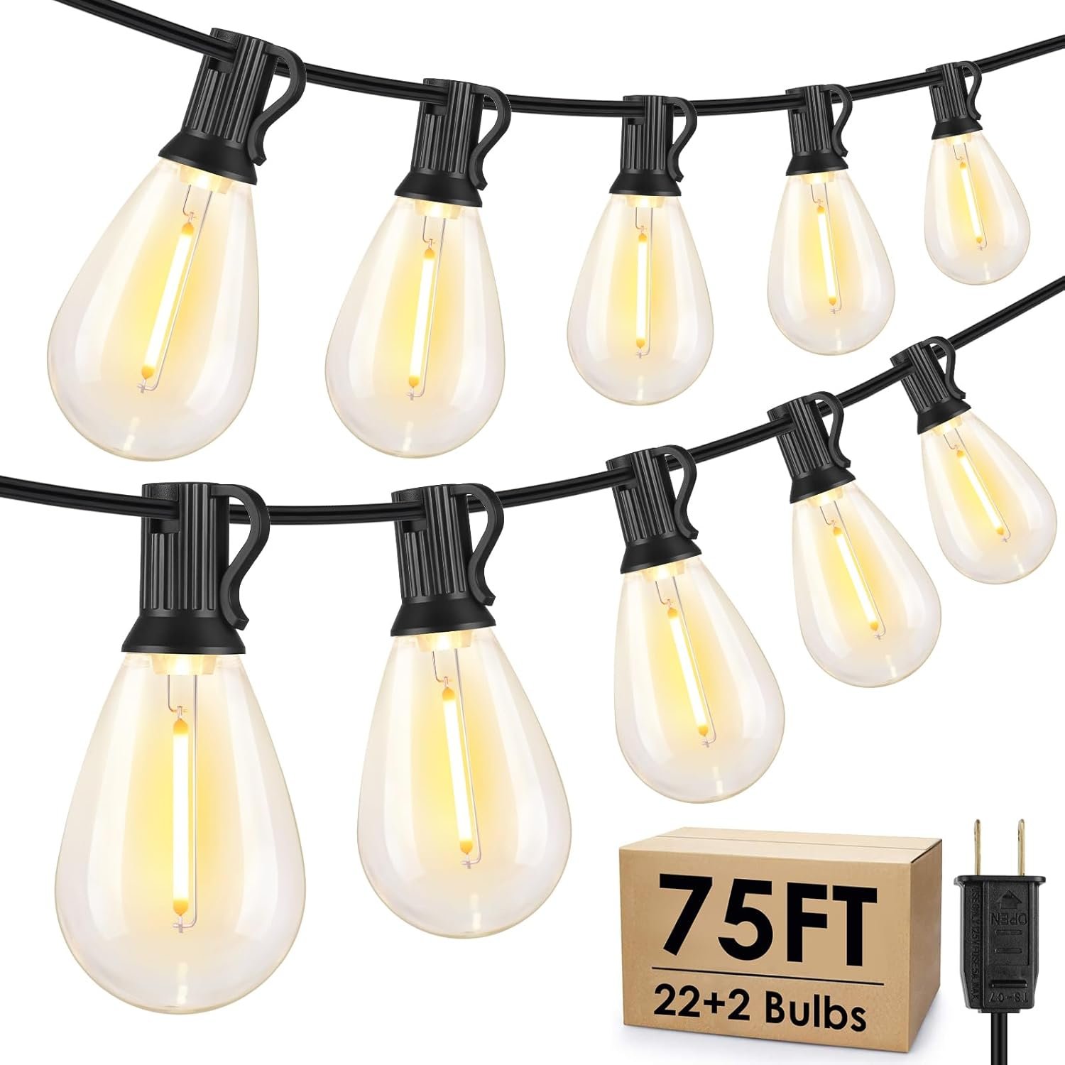 Larkvue 75FT LED Outdoor String Lights S11 Dimmable Patio Light, with 22+2 Waterproof Shatterproof Edison 2700K Bulbs for Outside Backyard Deck, Black