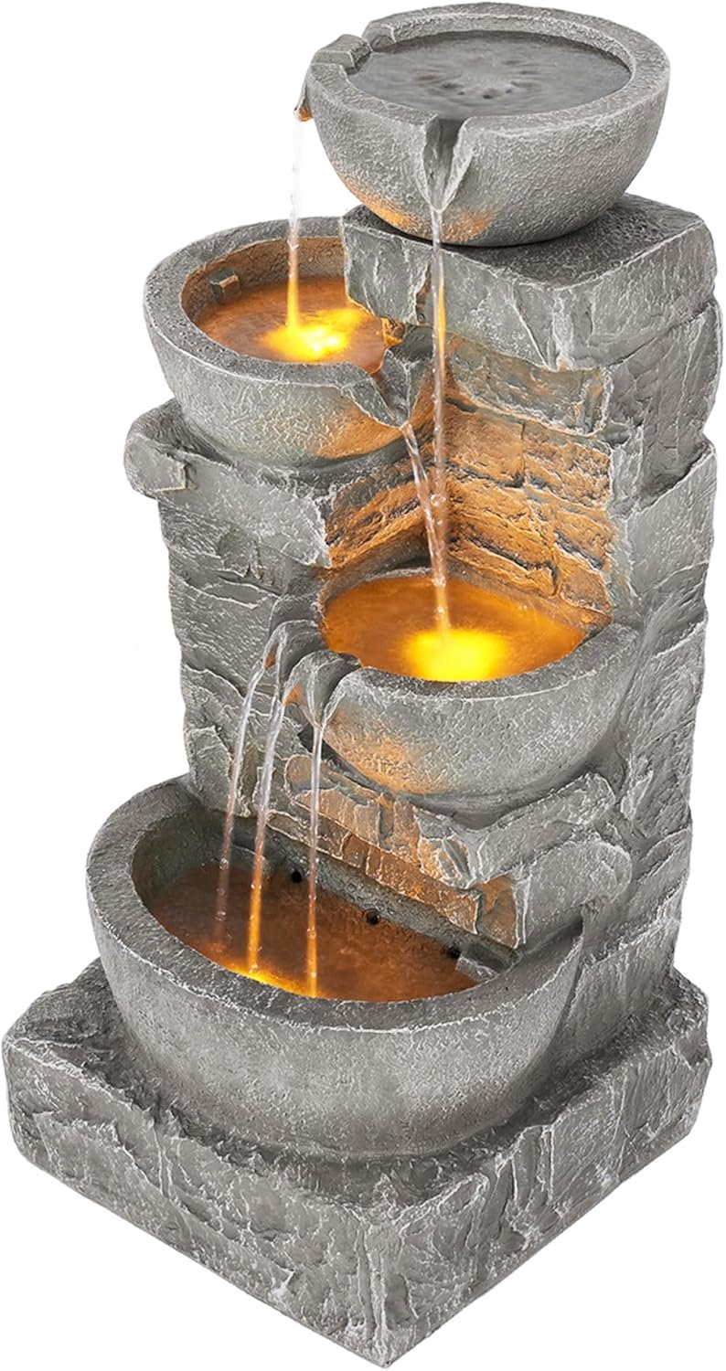 Teamson Home 33.25 in. Cascading Bowls and Stacked Stones LED Outdoor Water Fountain for Gardens, Landscaping, Patios, Balconies, and Lawns for a Calming Oasis in Outdoor Living Spaces, Stone Gray | LED Lights, 3-Tier Cascading Waterfall, Weather-Resistant Resin, For Garden, Patio, Porch, Backyard