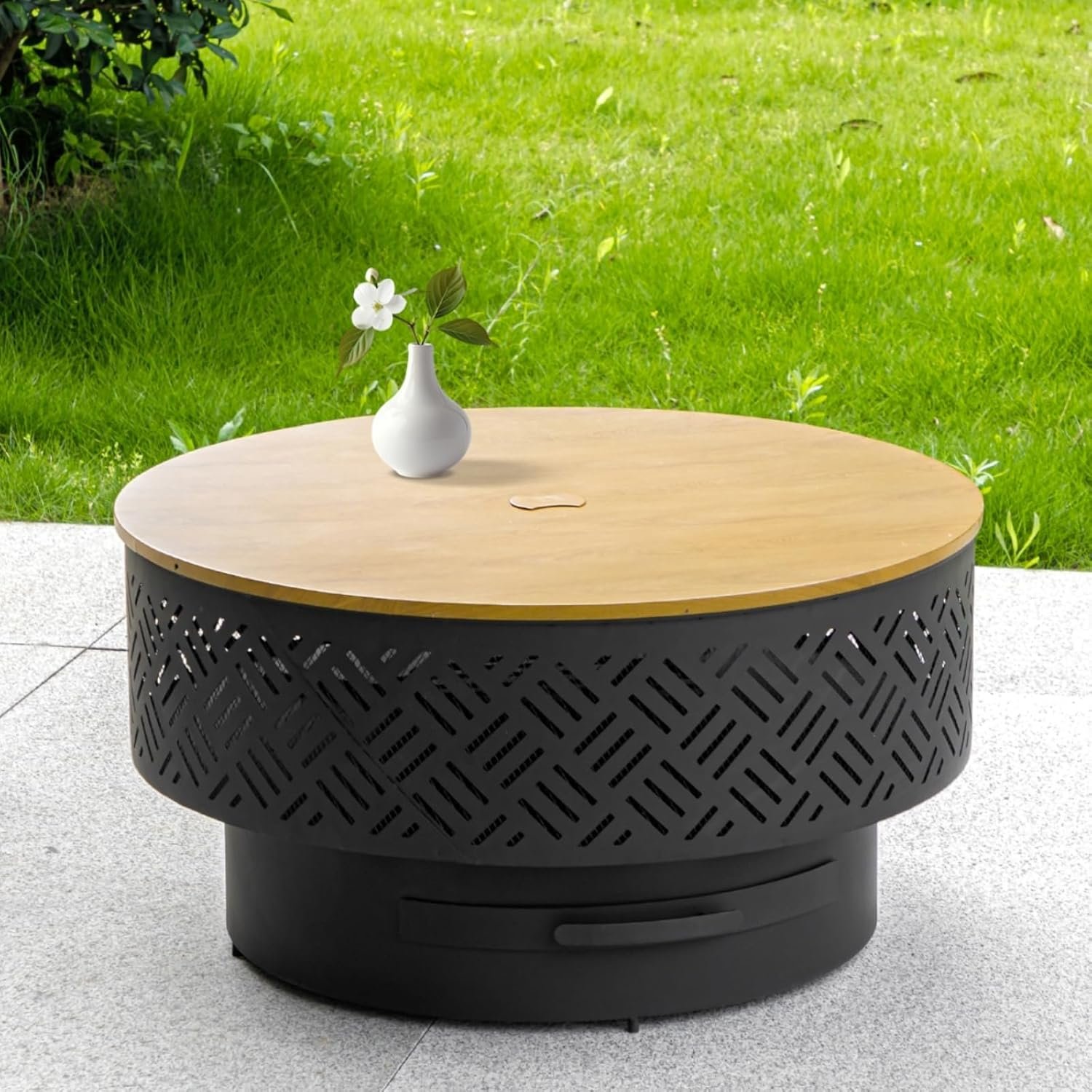OutVue 32″ Wood Burning Fire Pits with Grill & Lid, Fire Pit Table for Outside with Waterproof Cover & Fire Poker, Outdoor Firepit with Functions for BBQ,Table and Bonfire