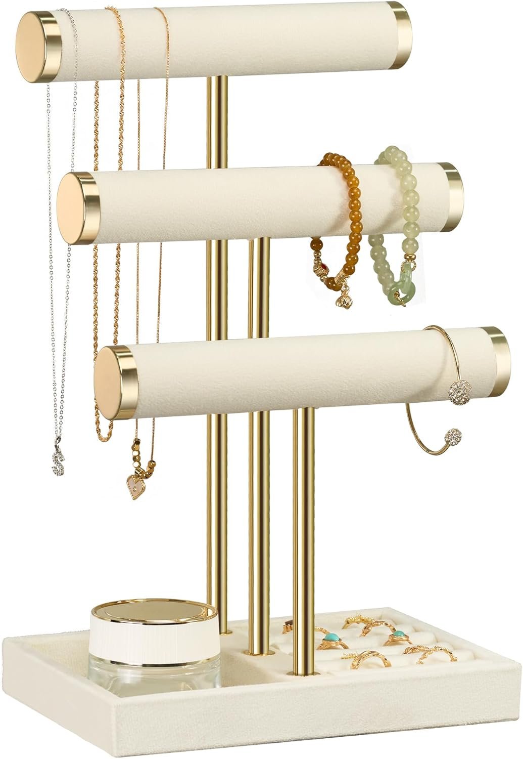 3 Tier Bracelet Holder Display – Detachable T Bar Beige Velvet Bracelet Holder, Jewelry Holder Organizer for Bracelet, Necklace, Watches, Rings