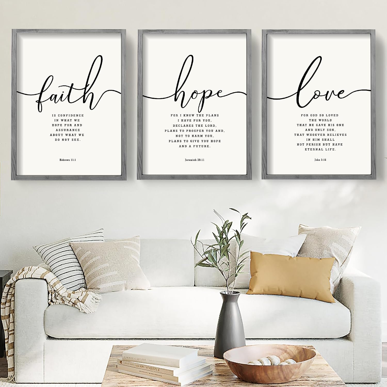 Houmury Set of 3 Framed Farmhouse Bible Verses Wall Decor Sign 11”x14” Christian Faith Scripture Wall Art for Home Living Room Bedroom Wall Decor (11″x14″ Grey)