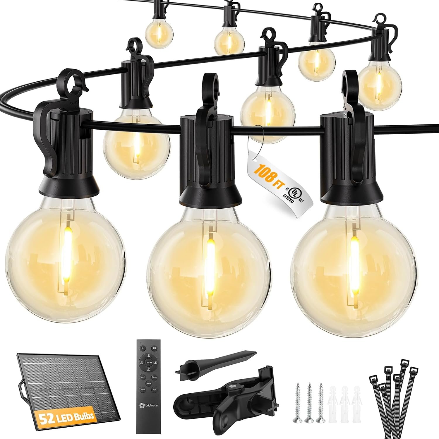 Brightown 108FT 52LED Solar String Lights Outdoor with Remote & USB Port, Shatterproof Bulbs, Dimmable & Timable, 3 Modes, Patio Lights Solar Powered with Mount Clips for Camping Backyard Garden Decor