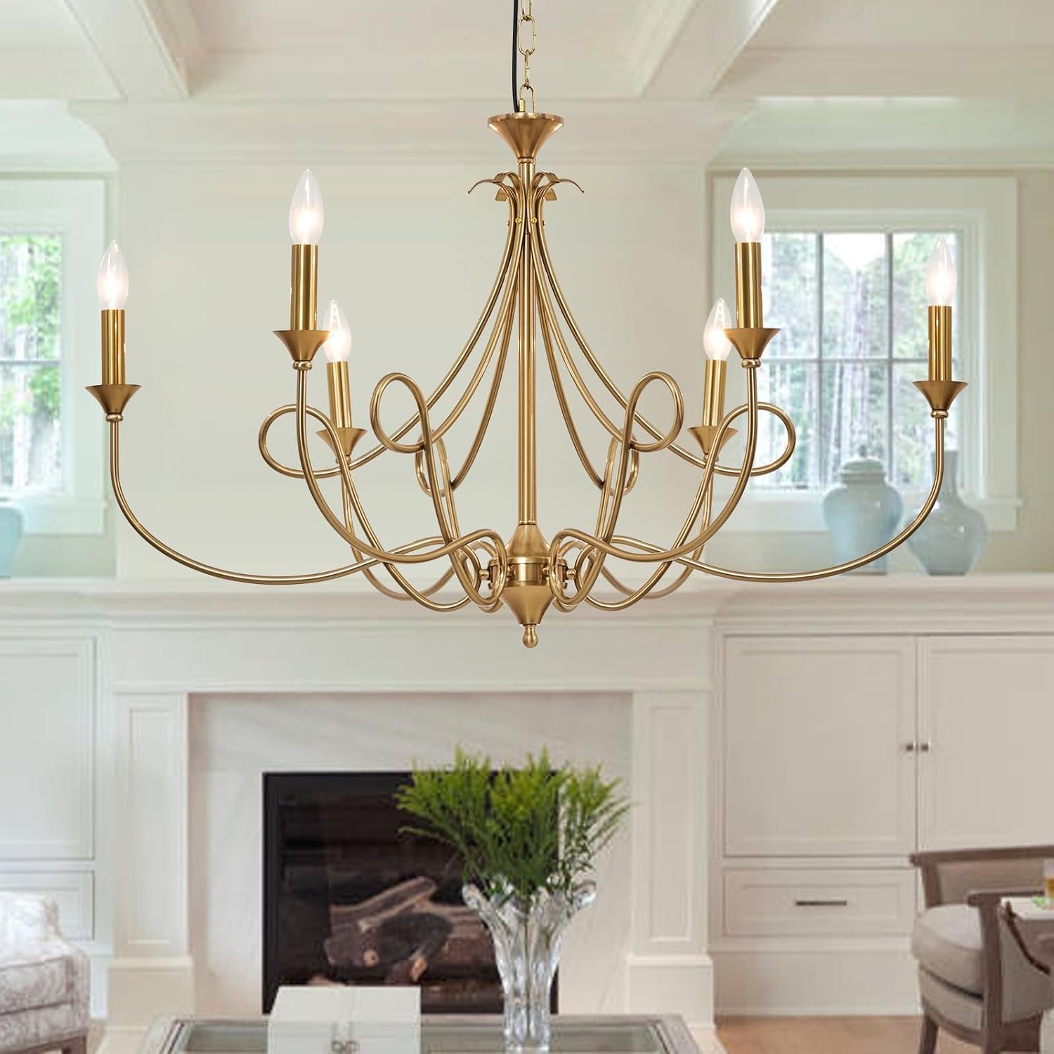 6-Light Modern Chandelier 36.6″ Brass Candle Chandeliers Metal Gold Pendant Light Fixture for Dining Room Living Room Kitchen Island Foyer Entryway, E12 Base