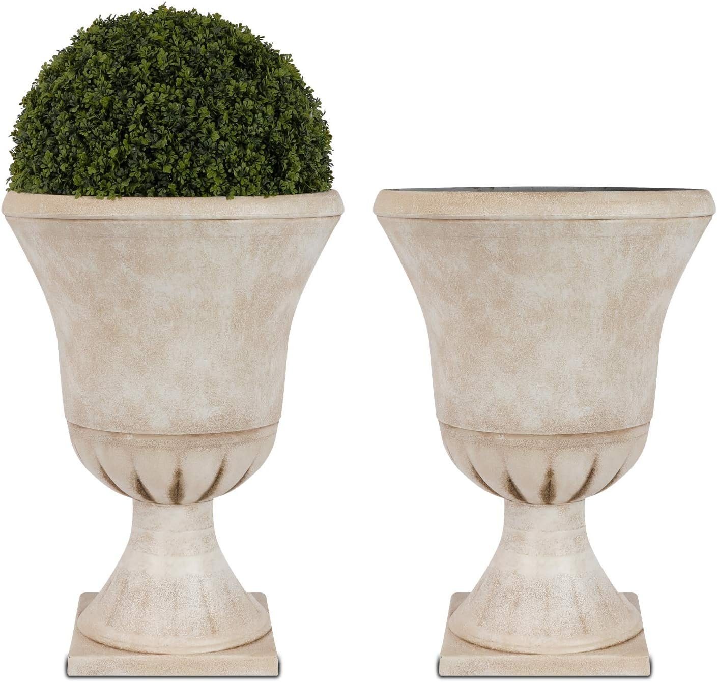 Worth Garden Plastic Urn Planters for Outdoor Plants, Tree 22” Tall 2 Pack Round Classic Resin Flower Pots Indoor Beige Traditional Front Porch 15 in Dia. Large Imitation Stone Decorative Patio Deck