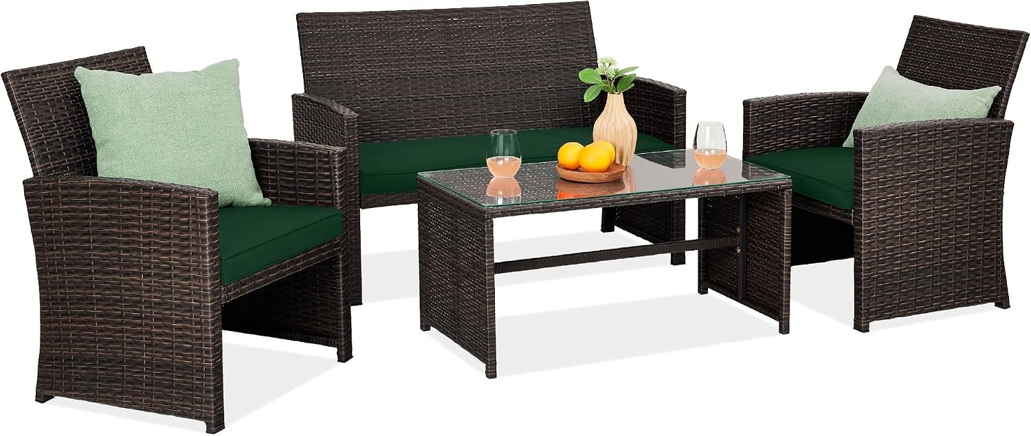 Best Choice Products 4-Piece Outdoor Wicker Patio Conversation Furniture Set for Backyard w/Coffee Table, Seat Cushions – Brown/Midnight Green