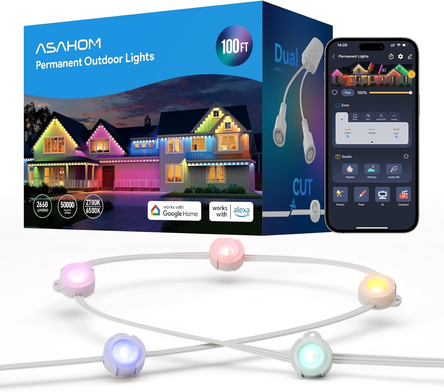 ASAHOM AI Permanent Outdoor Lights S107B, 100FT with 72 RGBCW LED Lights, 30,000 Lighting Effect, Controller with Dual Output, Extend to 800FT, Cuttable for House Outdoor Decor Daily Lighting, White