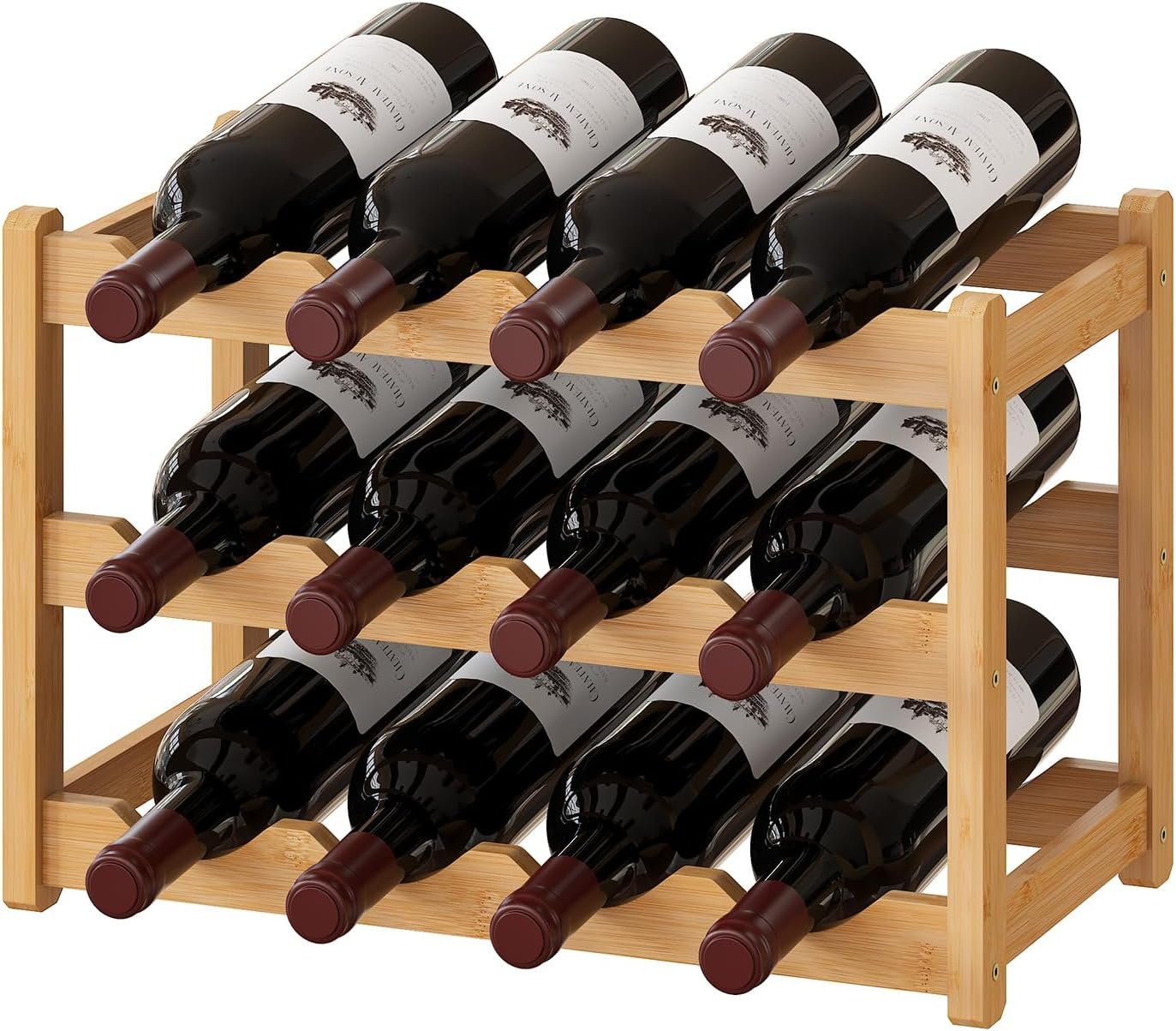 BMOSU Bamboo Wine Rack Wine Storage Cabinet Shelf 12 Bottle Wine Racks Countertop Sturdy for Kitchen Dining Room Pantry – 3 Tiers Wine Rack(Natural)