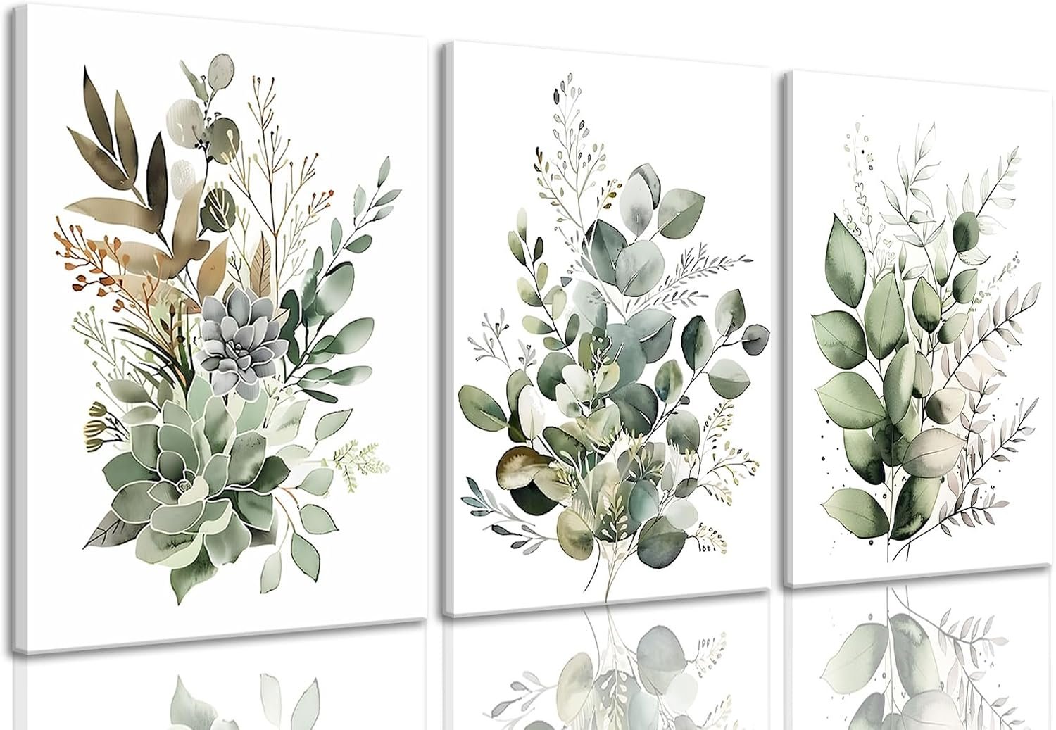 Bwodke Botanical Wall Art Plant Floral Watercolor Canvas Prints Set of 3 Framed Sage Green Painting Eucalyptus Leaf Picture Modern Minimalist Boho Decor Bedroom Bathroom Living Room 12″x16″