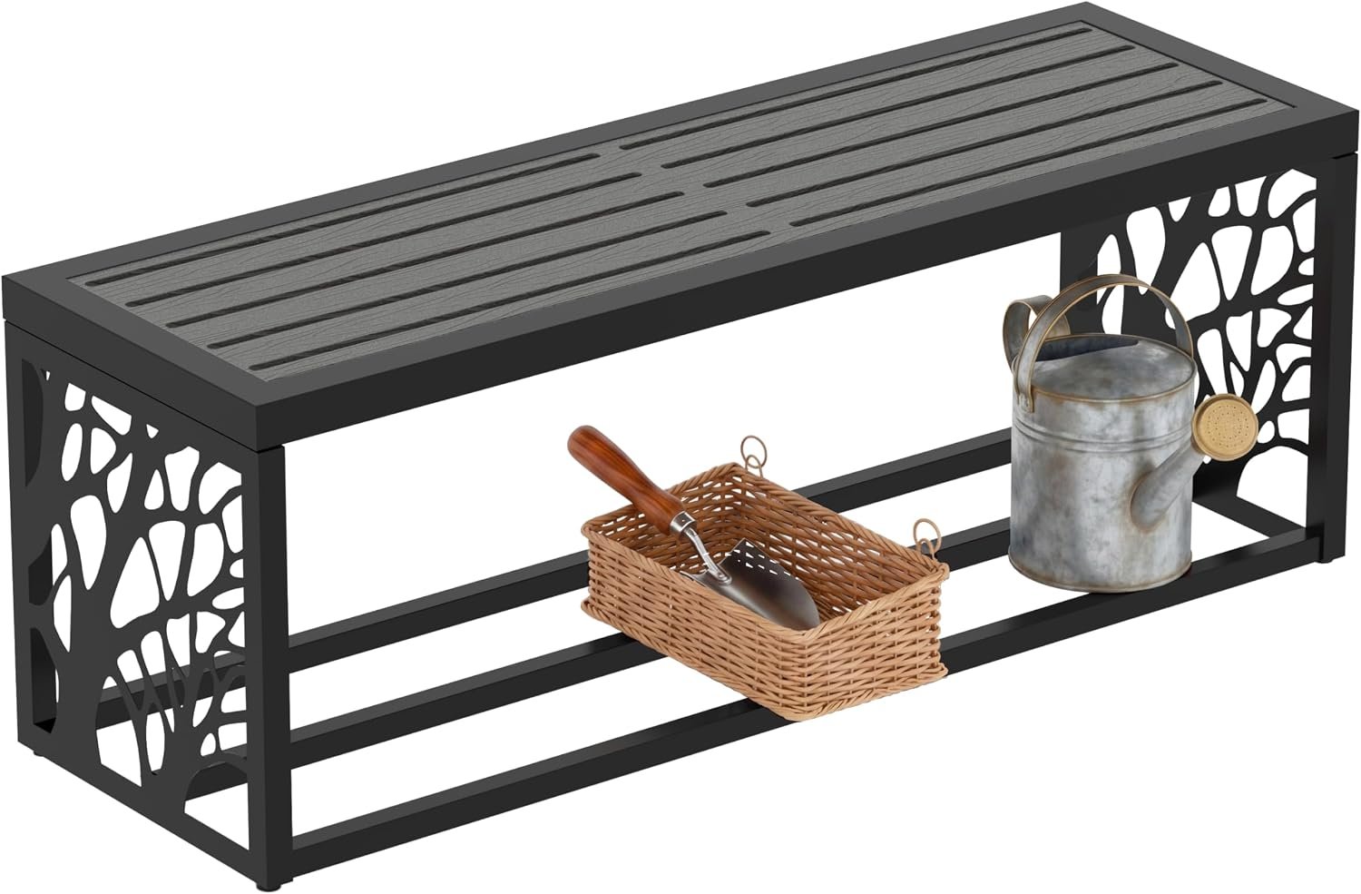 47″ Outdoor Garden Bench with Storage Shelf, Modern Black Entryway Bench, Wood-Grain HDPE Seat, Galvanized Steel Frame with Powder Coating for Porch, Yard, Patio, Tree
