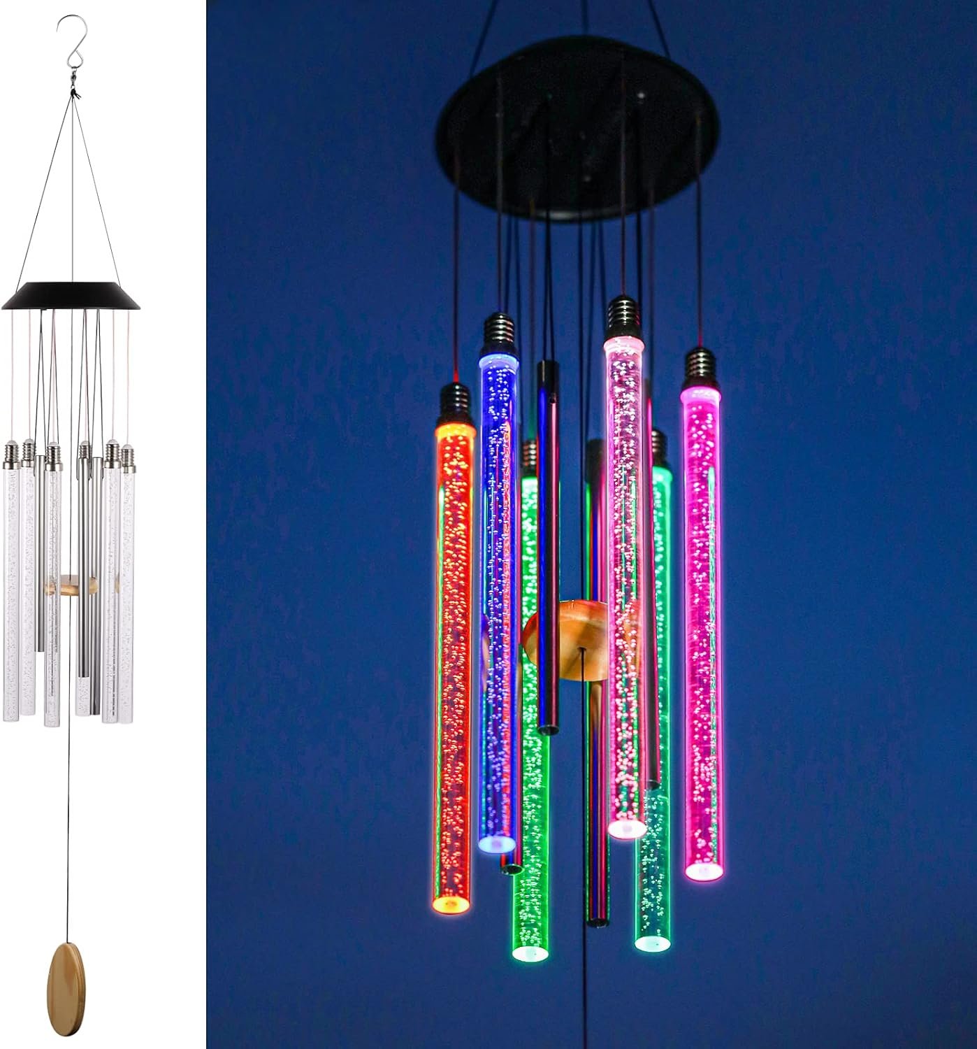 Solar Wind Chimes for Outside, DesGully 6 LED Tubes Color Changing Outdoor Clearance Unique Garden Decor Colorful Patio, Gifts for Her/Him (37″ Long)