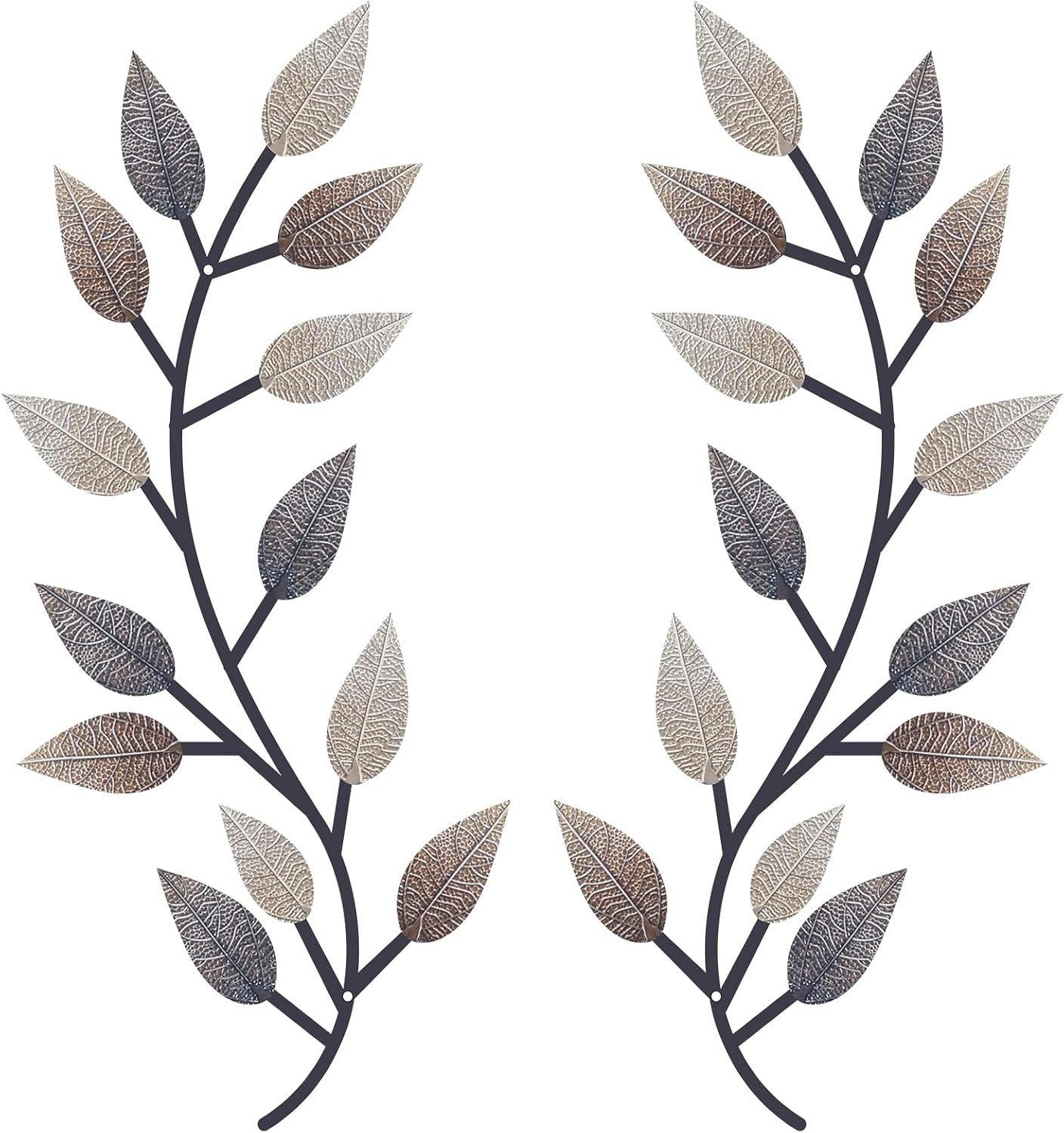 Zhengmy 2 Pieces Metal Tree Leaf Wall Decor Vine Olive Branch Leaf Wall Art Living Room, Hallway Wall Decor Outdoor Decoration(Vintage Brown)