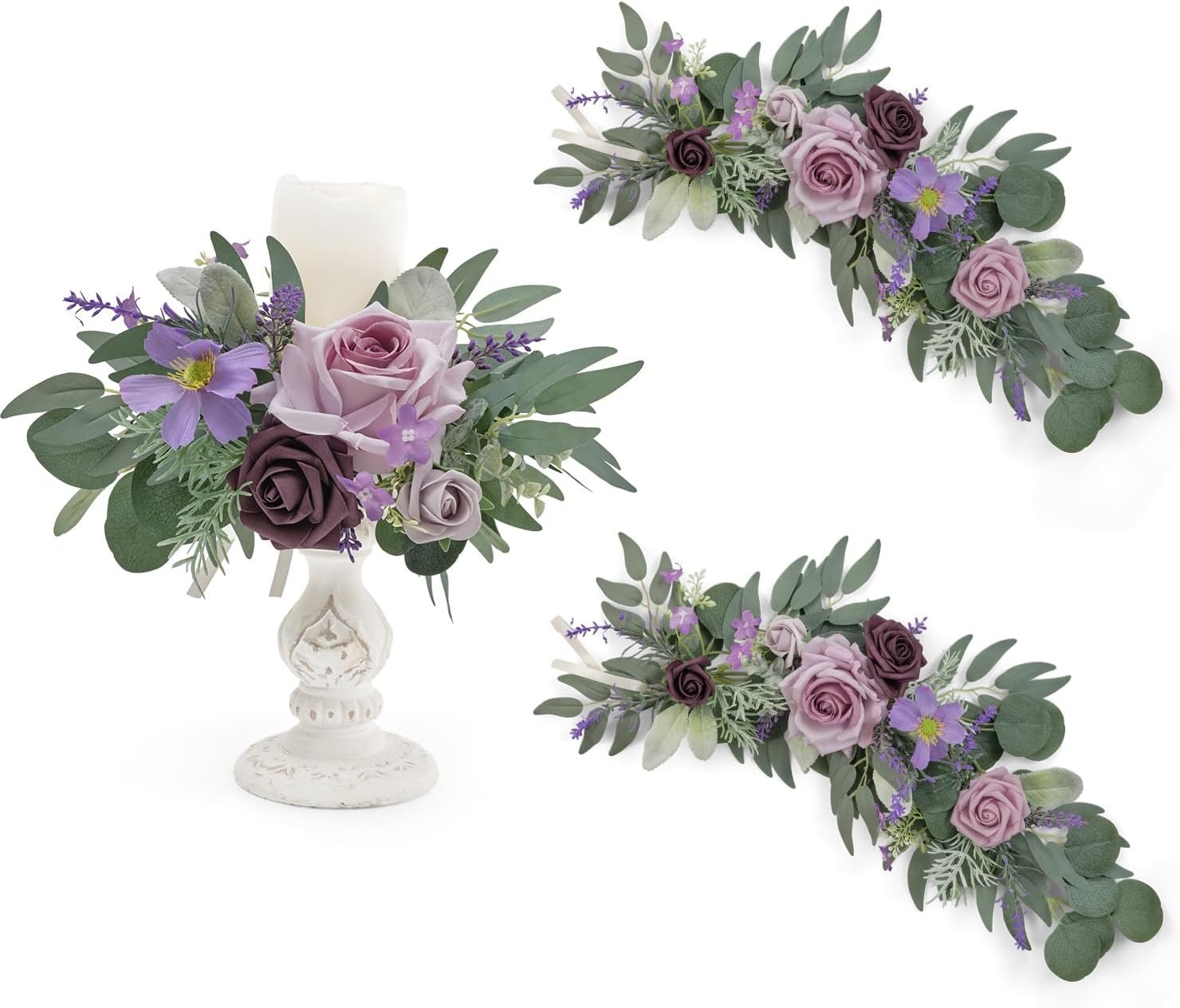 TINGE TIME 2pcs Artificial Flowers Candelabras Decoration, Lavender & Plum Floral Swag Greenery Garland for Rose Candle Rings for Wedding Ceremony Lantern Chair Decor Signs Decoration