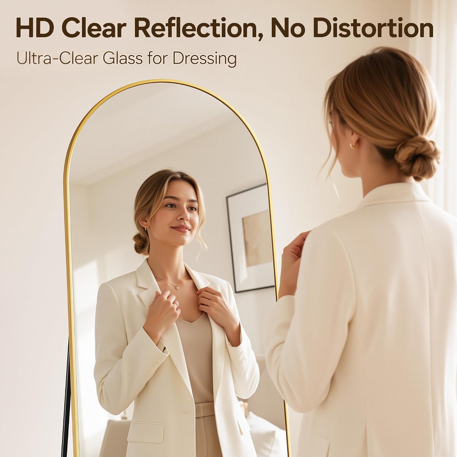 Antok Full Length Mirror, 58″x18″ Floor Mirror with Stand, Hanging Mounted Mirrors for Bedroom, Living Room, Cloakroom, Dining Room, Gold, Arched