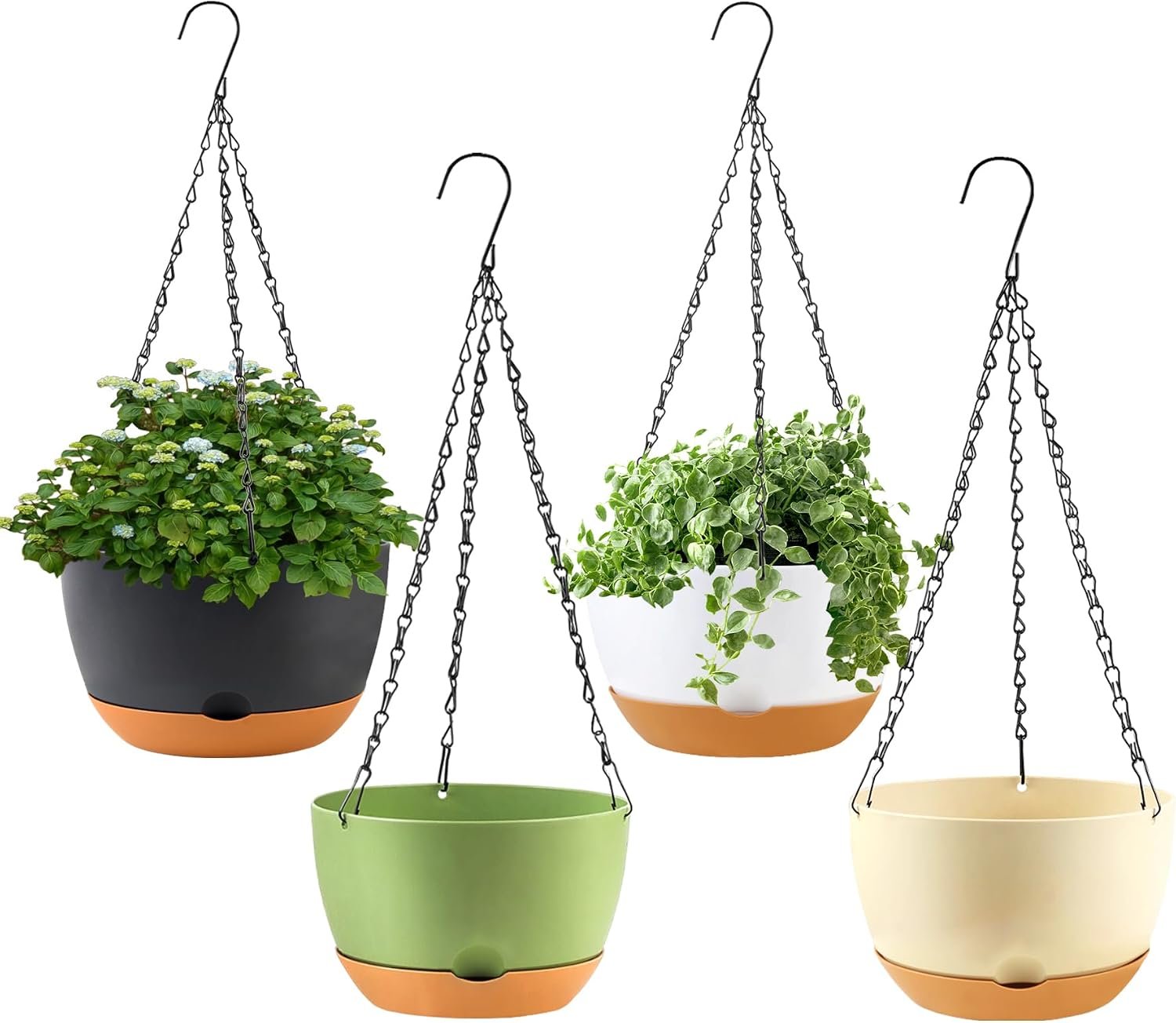 KPUVX 4 Pack Hanging Baskets for Plants Outdoor,8 Inch Plastic Hanging Planter for Plants Indoor with Drainage Holes and Chain for Garden Porch Plants(White+Black+Green+Beige)