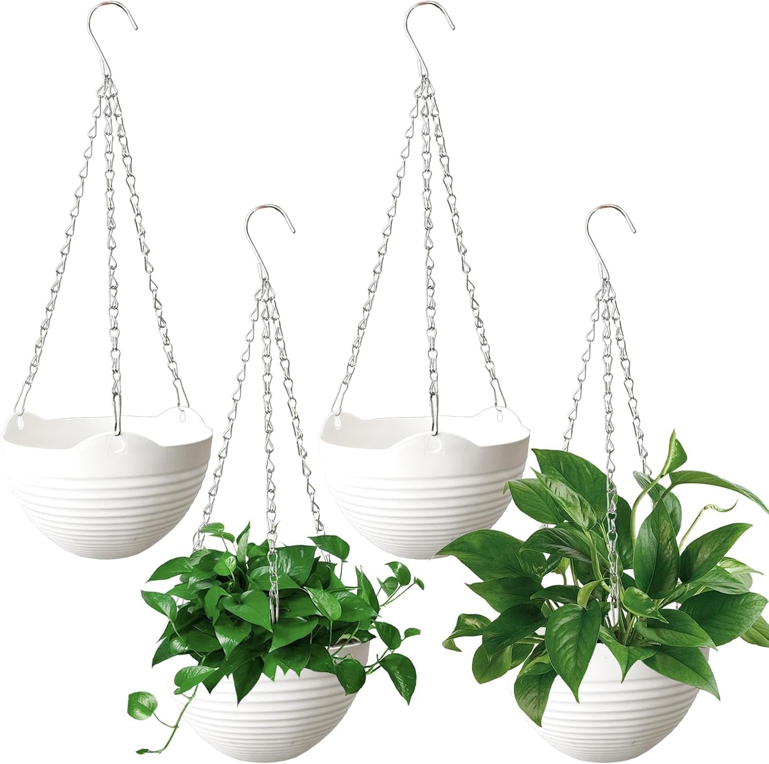 Srmayyi 4 Pack 8 inch Plastic Self Watering Hanging Planters,Round Hanging Basket Planter with Drainer and Metal Chain,White Garden Flower Plant Pot Container for Indoor Outdoor Plants