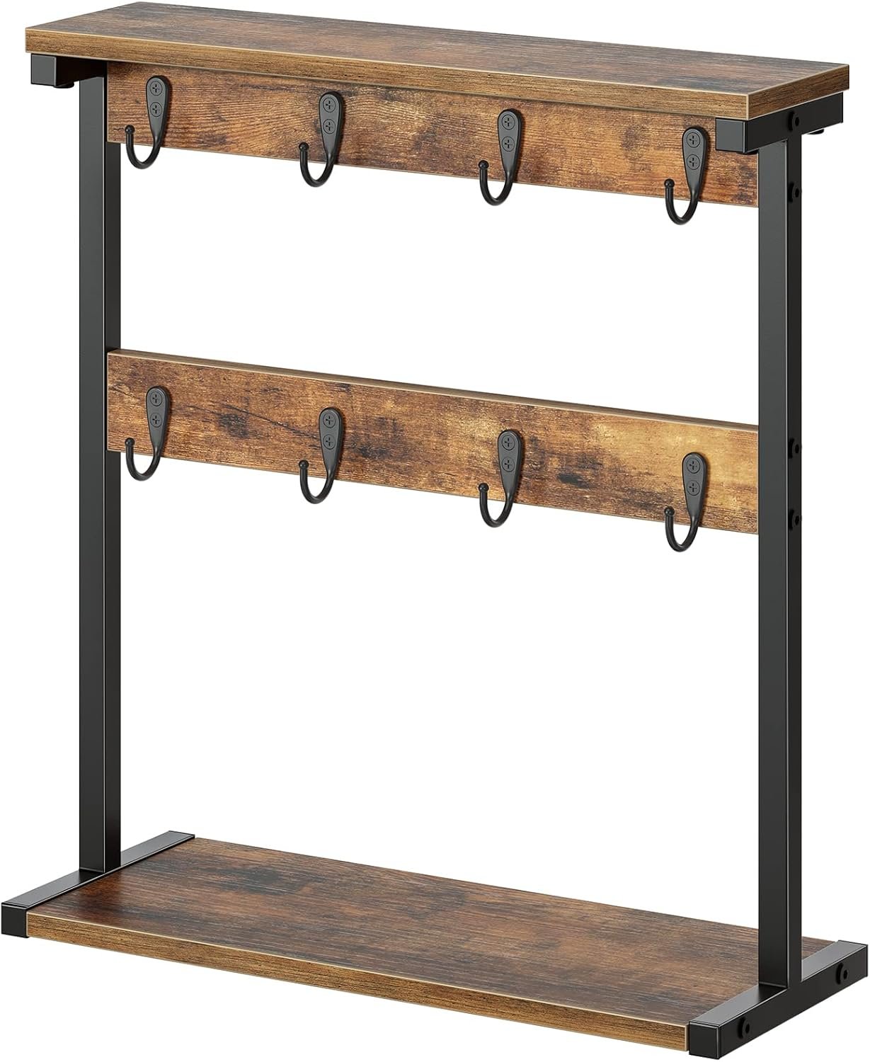 YATINEY Coffee Mug Holder for Counter, 2 Tier Mug Tree Rack, with 8 Hook and 2 Open Shelves, Vintage Mug Holder Stand for Home Kitchen, Rustic Brown MH43BR
