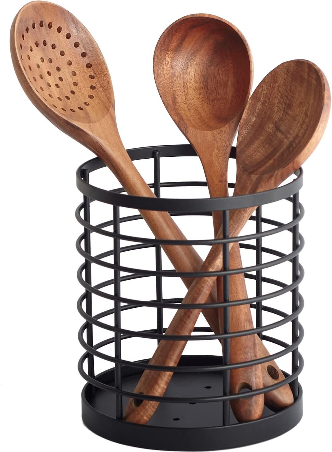 WDT Tool Utensil holder for Kitchen Counter – 5.2″ x 5.2″ x 6″ Large Round Utensils Holder with Wooden Base Matte Black Cooking Utensil Holder，Kitchen countertop Utensil Organizer (Metal)