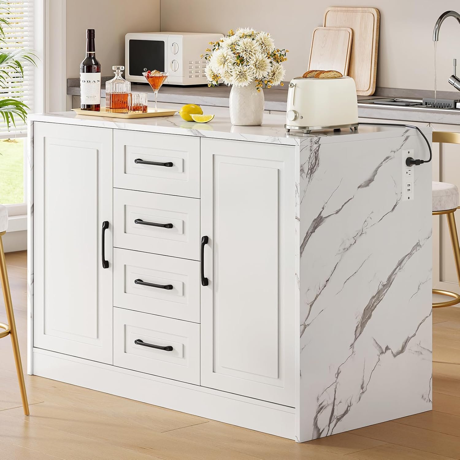 ONBRILL 47.3″ Kitchen Island with 2 Storage Cabinets & 4 Drawers, Modern Imitation Marble Dining Table with Power Outlet, Island Bar Table for Kitchen, Dining Room, Living Room, White