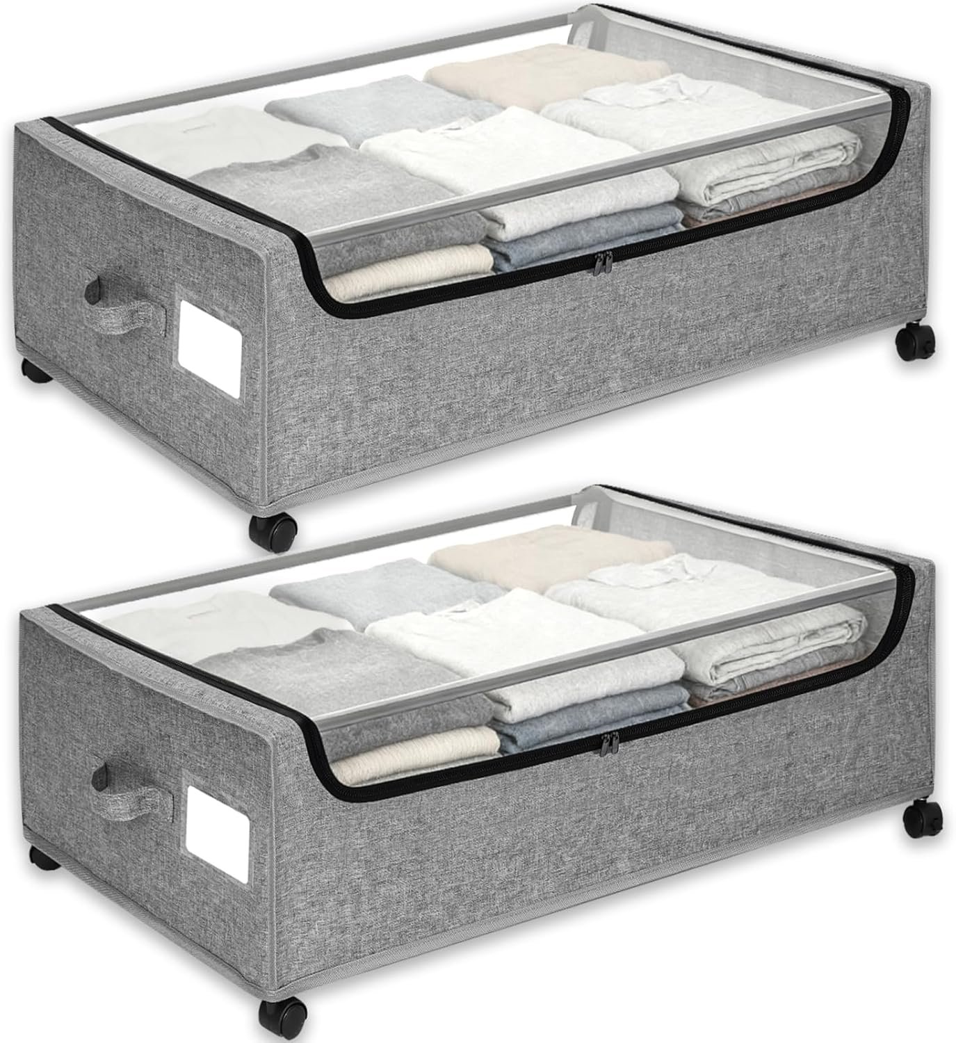 Under Bed Storage with Wheels, 2-Pack Under the Bed Storage Containers with Clear Lids & Label, Underbed Storage Bins, XXXL 85L 11 inches Rolling Metal Drawer for Clothes, Shoes, Toys, Books – Gray