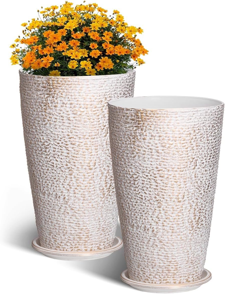 VEVOR Set of 2 Tall Outdoor Planters 21″ H, Round Large Planters for Front Porch and Patio, Stone Finish Flower Tree Plant Pots