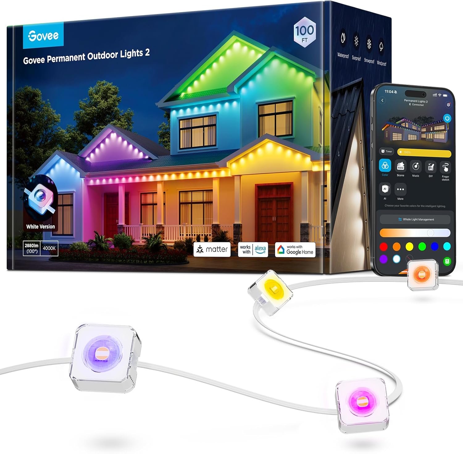 Govee Permanent Outdoor Lights 2, 100ft RGBIC Outdoor Lights with 16 Million Colors, IP67 Waterproof, 100 Scene Modes for Outdoor & Patio Area, Works with Alexa, Google Assistant, White