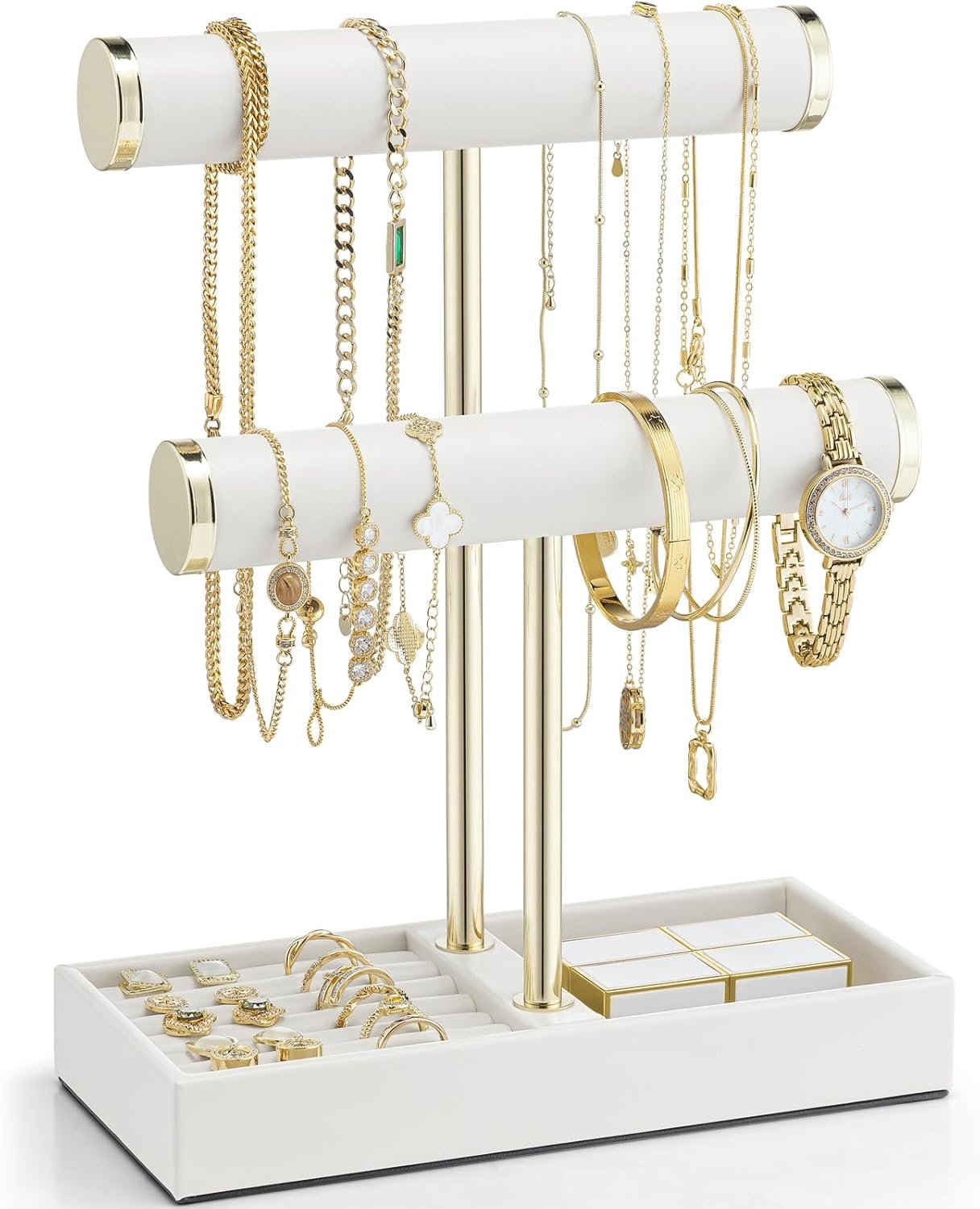 VLANDO 2 Tier Bracelet Holder with Tray – Leather Jewelry Stand Organizer for Women – Necklace Holder Display for Necklace, Watches, Rings, Earrings, Bangle, Scrunchie – White