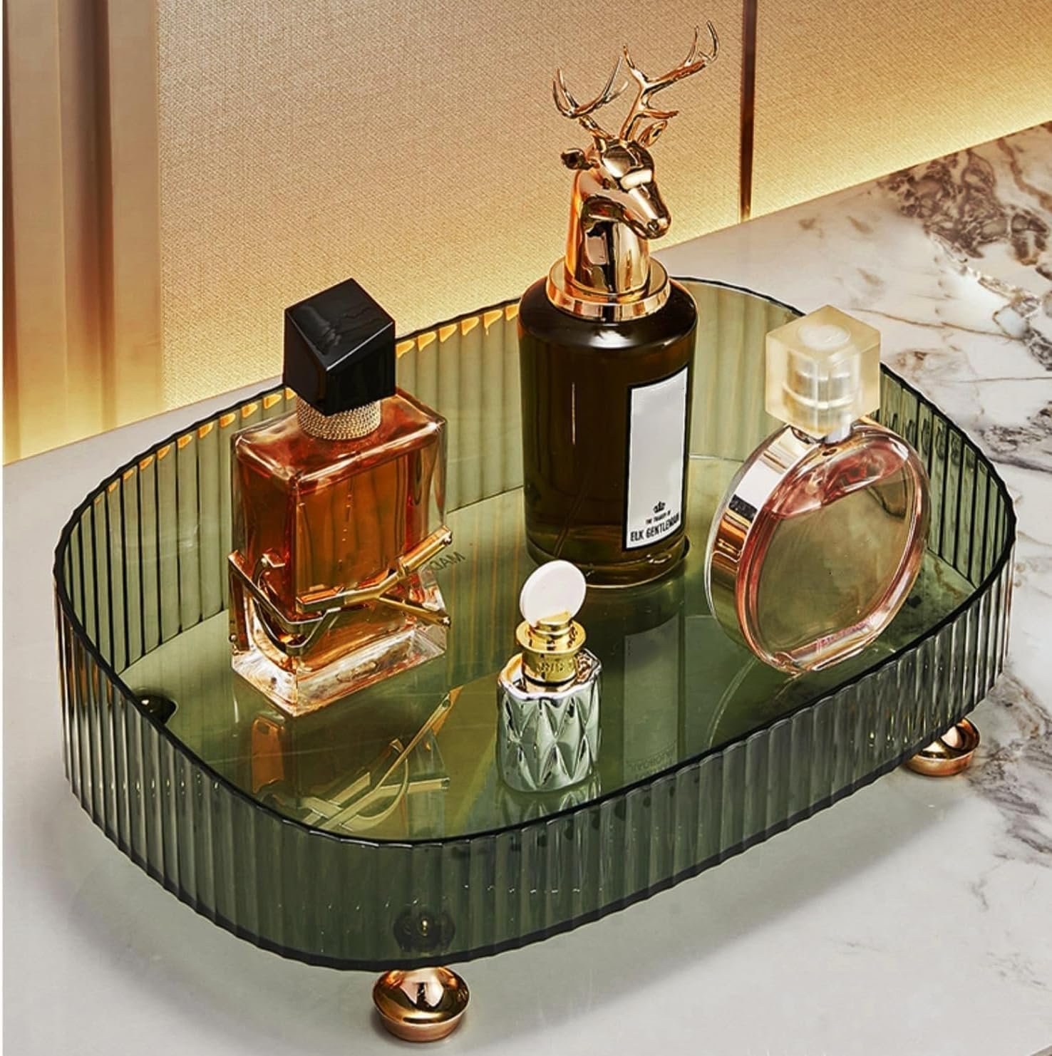CESTATIVO Makeup Perfume Organizer, Bathroom Vanity Tray, Decorative Dresser Tray, Countertop Organizer Tray for Cosmetics, Dark Green