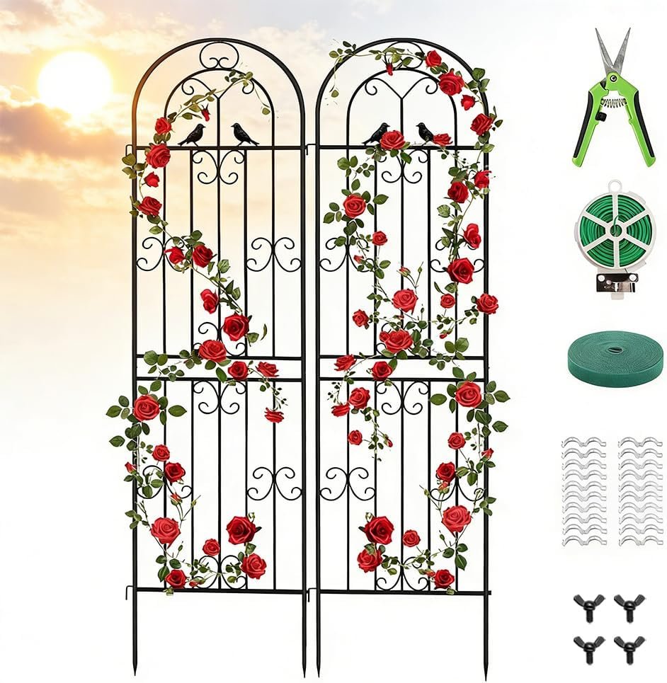 2 Pack 86.7″ H x 19.7″ W Metal Garden Trellis for Climbing Plants Outdoor, Black Lattice Panel, Sturdy Plant Support for Roses, Vines, Cucumbers & Vegetables