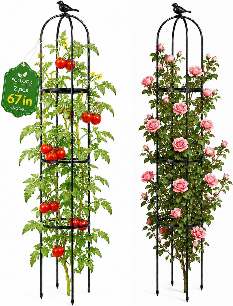 FOLLOOK Garden Obelisk Trellis for Climbing Plants Outdoor, 67 Inch Lightweight Round Plant Support for Roses Clematis Cucumber Vines Raised Garden Bed Planter, Black, 2 Pack