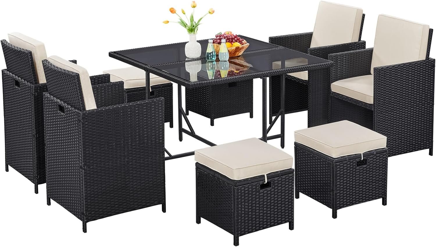 Yaheetech 9-Piece Patio Dining Sets, Outdoor Space Saving Rattan Chairs with Glass Table, Wicker Sectional Conversation Furniture Set with Removeable Cushions, Black/Beige
