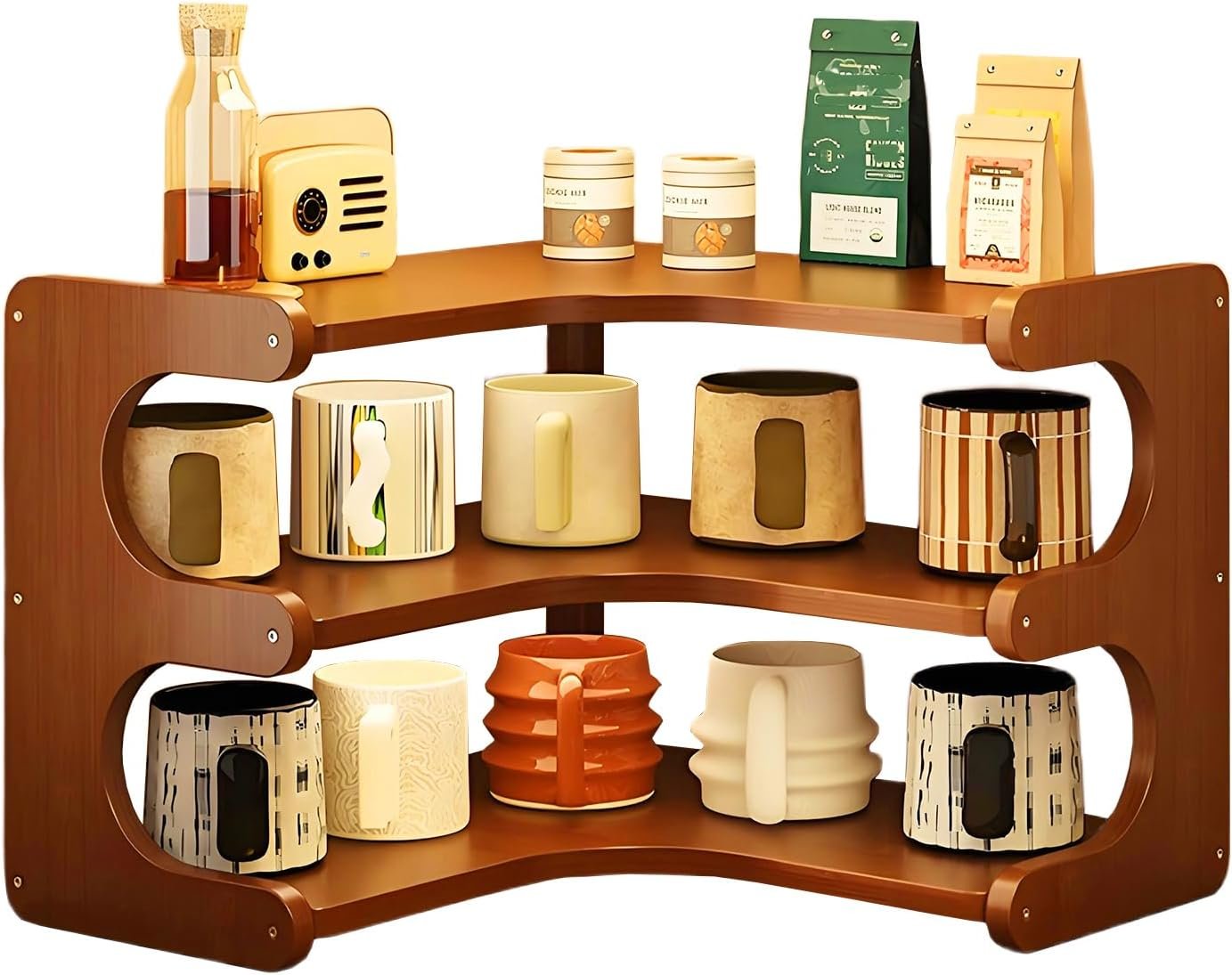 3-Tier Coffee Mug Organizer Corner, Corner Coffee Mug Holder, Cup Organizer for Kitchen Cabinets — Solid Wood Corner Rack, Space-Saving Open Storage, Easy Access, Fits Most Mugs(Includes shelves only)
