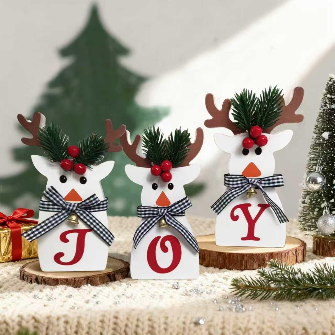 3Pcs Reindeer Christmas Decoration Table Wooden Reindeer Decor with Handmade Cherry Branch Bell Xmas Centerpiece for Tiered Tray Kitchen Office Mantel Desk Tabletop Indoor White Elk Joy Sign
