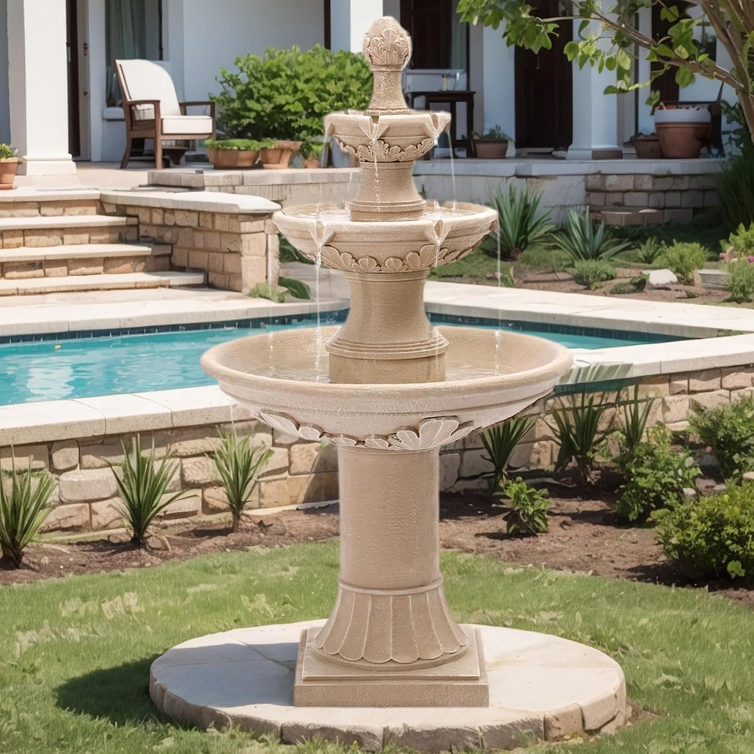 Grepatio Italian Outdoor Water Fountain, 48.4″ H Bubbler Garden Waterfalls Fountains, 3 Tiered Roman Pillar Floor Water Fountain for Indoor, Yard, Lawn and Garden Décor