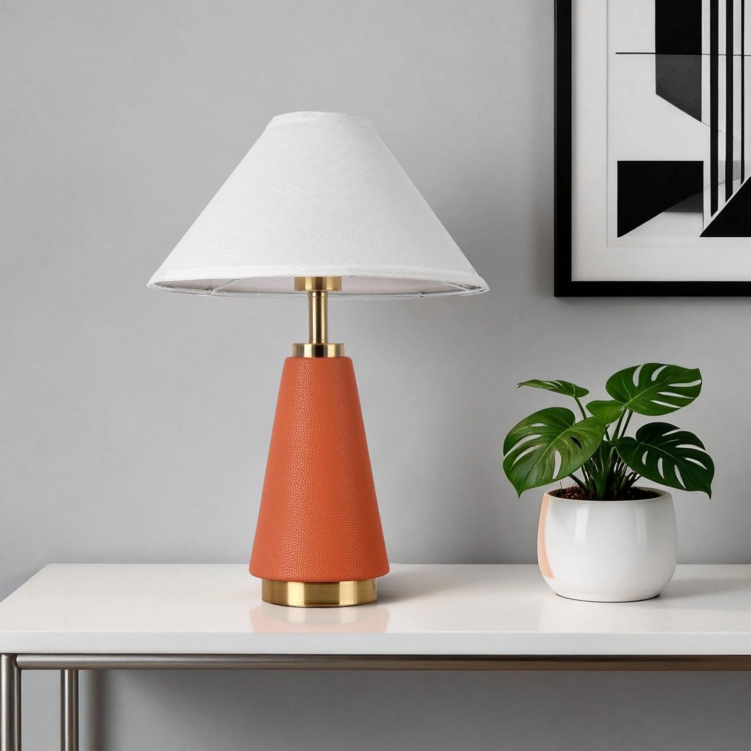 18.11 Inch Mid Century Modern Orange Table Lamp, MCM with Beige Fabric Shade, PU Leather Table Lamp for Kitchen Counter, Bedroom, Nightstand, Desk Lighting, Bookshelf, Living Room, Kids Dorm