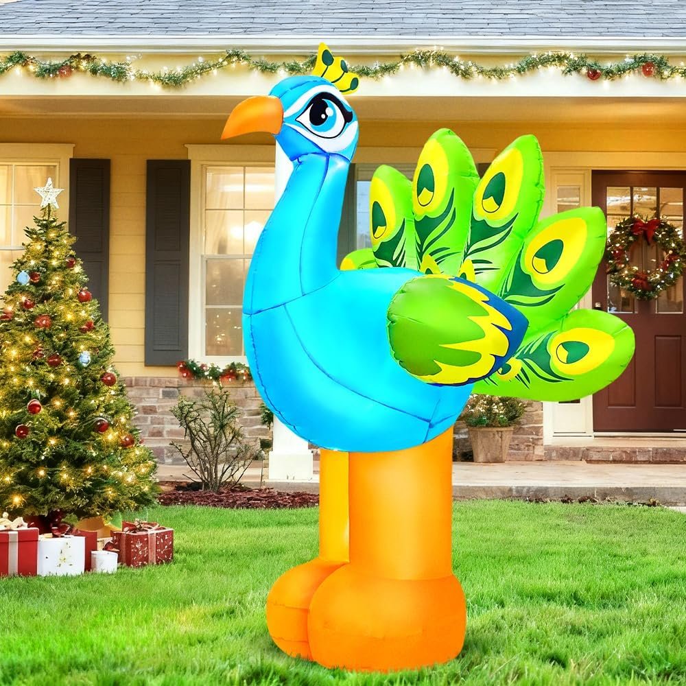 KOOY 6FT Summer Inflatable Peacock Decoration, Spring Fairy Garden Enchanted Forest Party Decor, Built in LED Lights Blow Up Animal Decorations, Peacock Decor for Beach Garden Tropical Lawn Yard