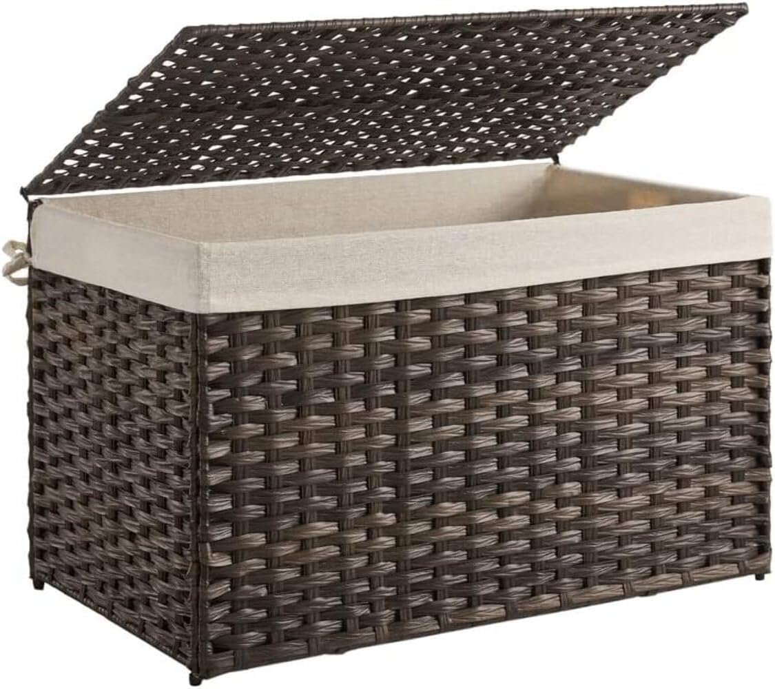 SONGMICS Storage Basket with Lid, Woven Blanket Storage Bin with Handles, Foldable, Removable Liner, Metal Frame, for Bedroom, Laundry Room, 42.3 Gallons (160 L), Brown URST76BR