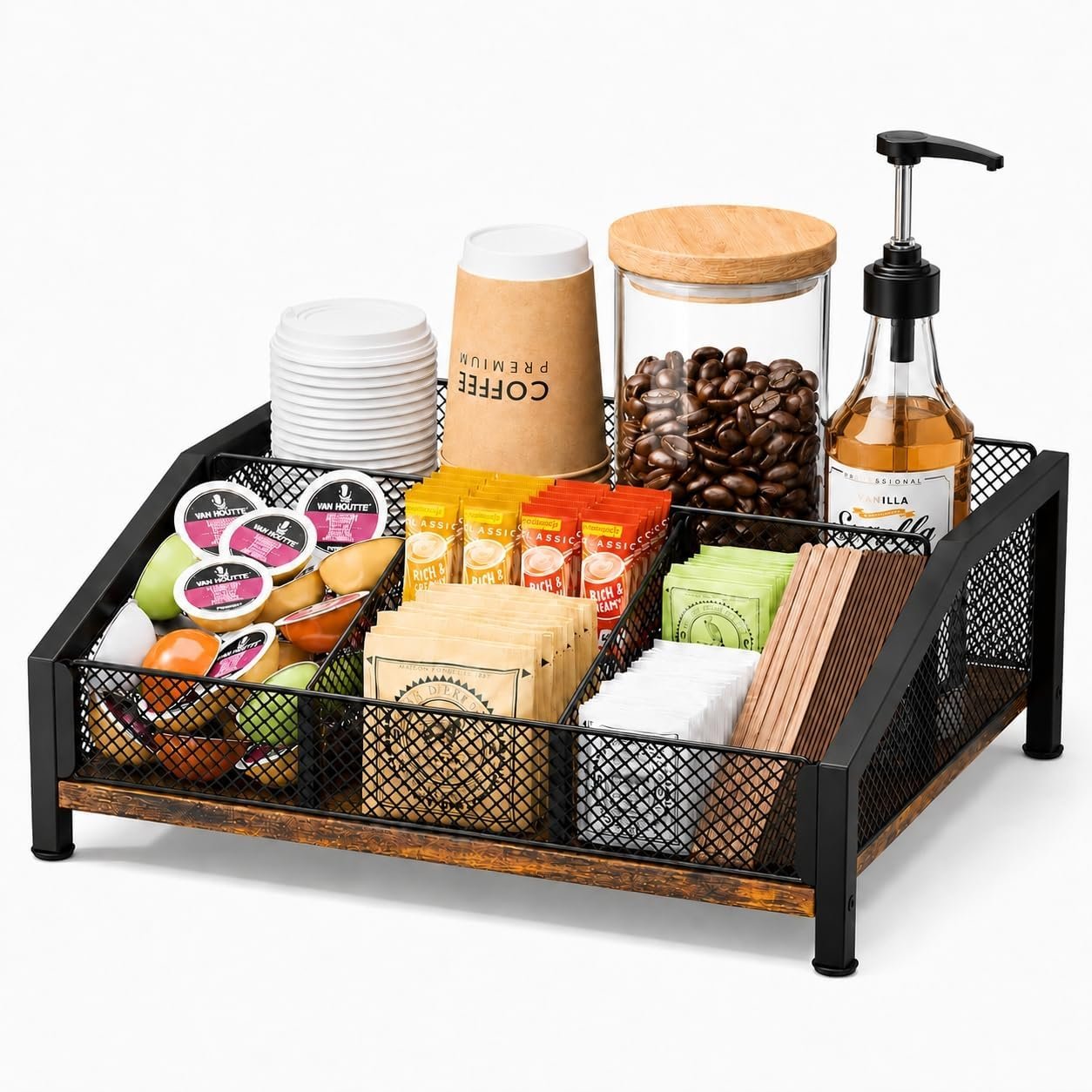 Homsorout Coffee Station Organizer – Coffee Bar Organizer with Removable Dividers for Pods Condiment Syrup Tea Stirrers, K Cup Holder for Kitchen, Office, Home, Countertop, Brown
