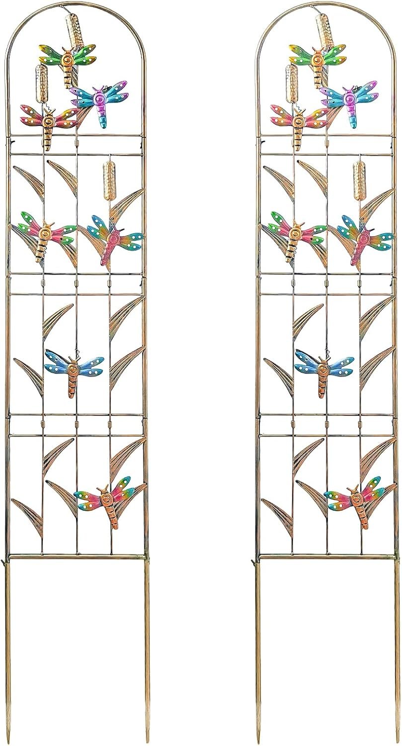 aboxoo Set of 2 Packs Dragonfly Metal Garden Trellis for Climbing Plants,Outdoor Decorative Flowers Arch Fence Trellis for Outdoor Patio,Garden,Lawn,Yard,Backyard,Wall Brackets,60” H x 11” W