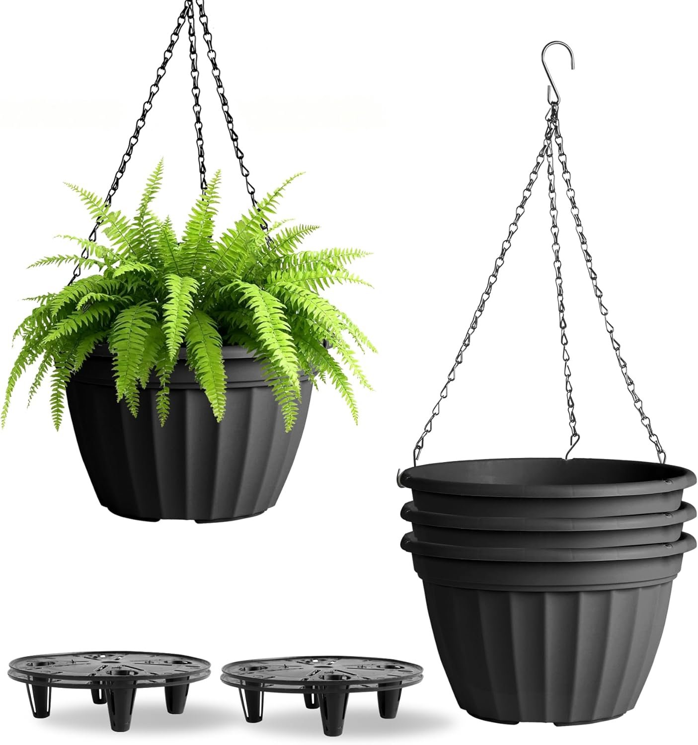 FGstyle Hanging Planters 10 Inch, 4 Pcs Self Watering Pots for Indoor Plants,Plastic Hanging Basket with Soil Elevator and 20″ Chain for Home Garden Porch Balcony Patio Decor(Black)