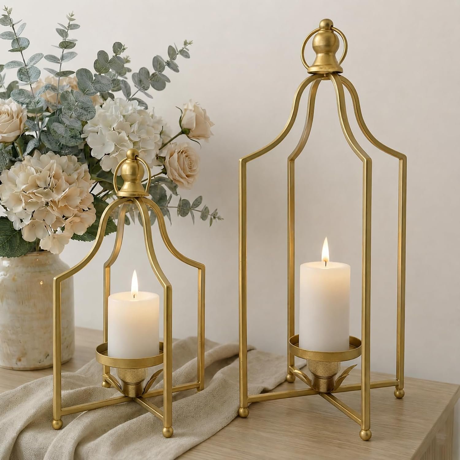 12.5″ & 16.5″ Timeless Cozy Decorative Lanterns Set of 2, Handcrafted Metal Iron Candle Holders, Farmhouse Elegance Fireplace Mantel Table Festive Gatherings Decor (Antique Gold)