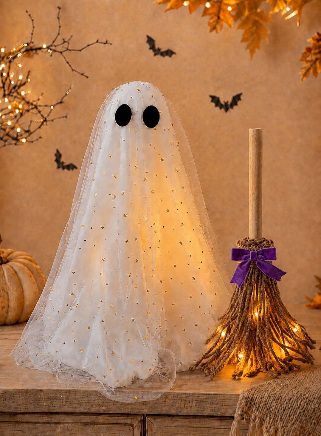 Halloween Decorations Ghost and Witch Broom Set – Full Fluffy Lighted Ghost Shape, DIY Adjustable Decor, Cute Fall Halloween Indoor Decor for Mantel, Fireplace, Entryway